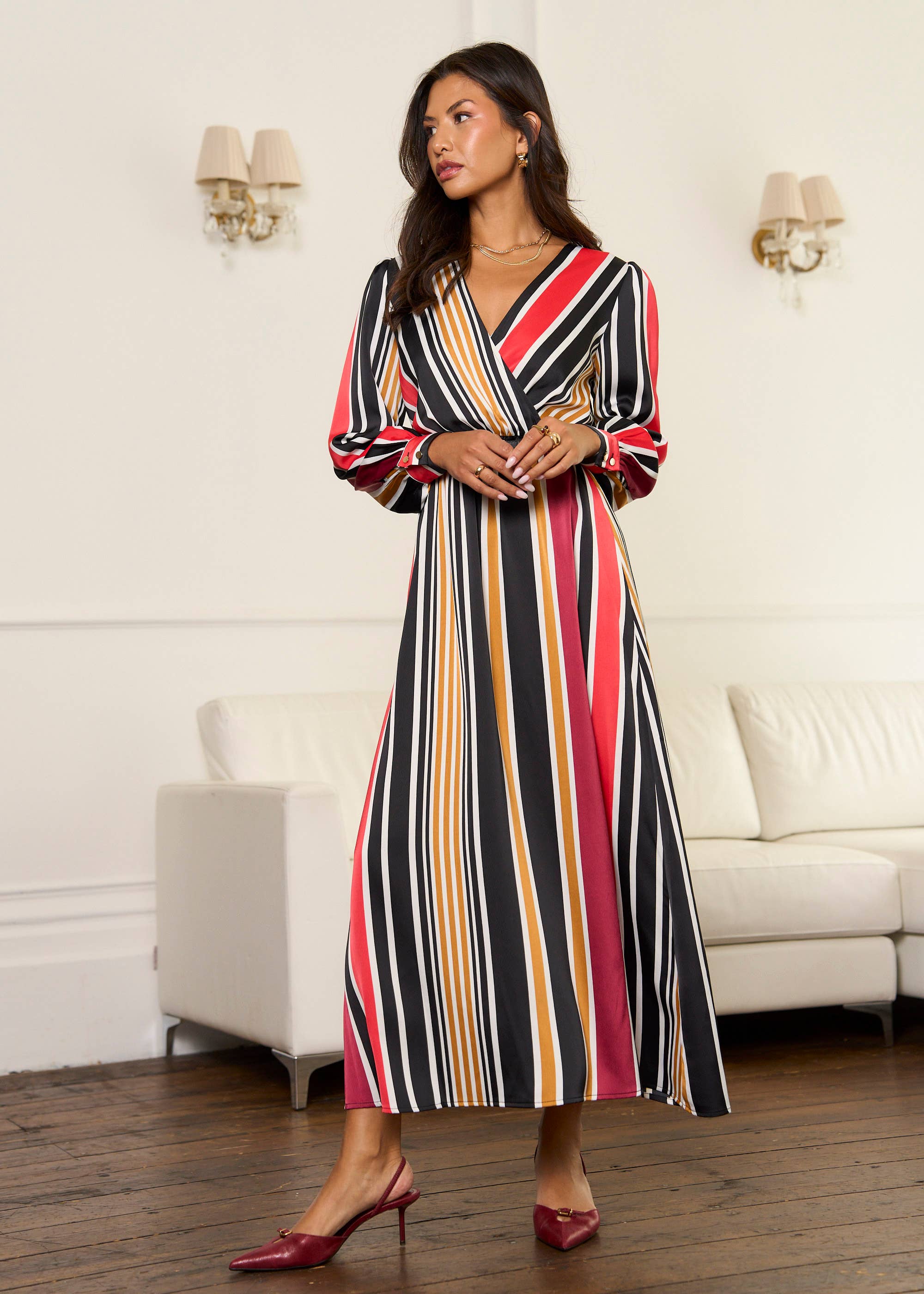 Multi Stripe Satin Wrap Midaxi Dress