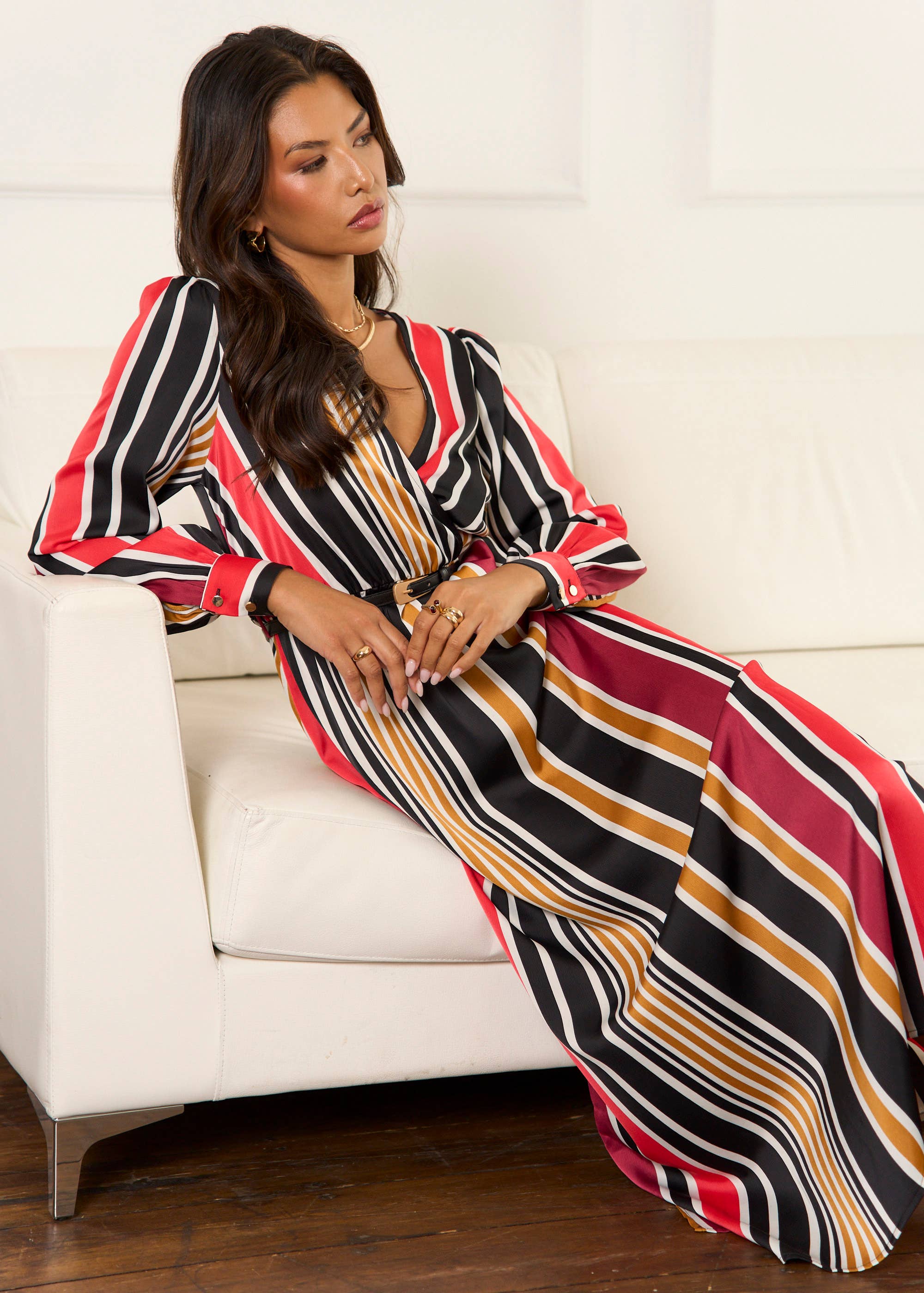 Multi Stripe Satin Wrap Midaxi Dress