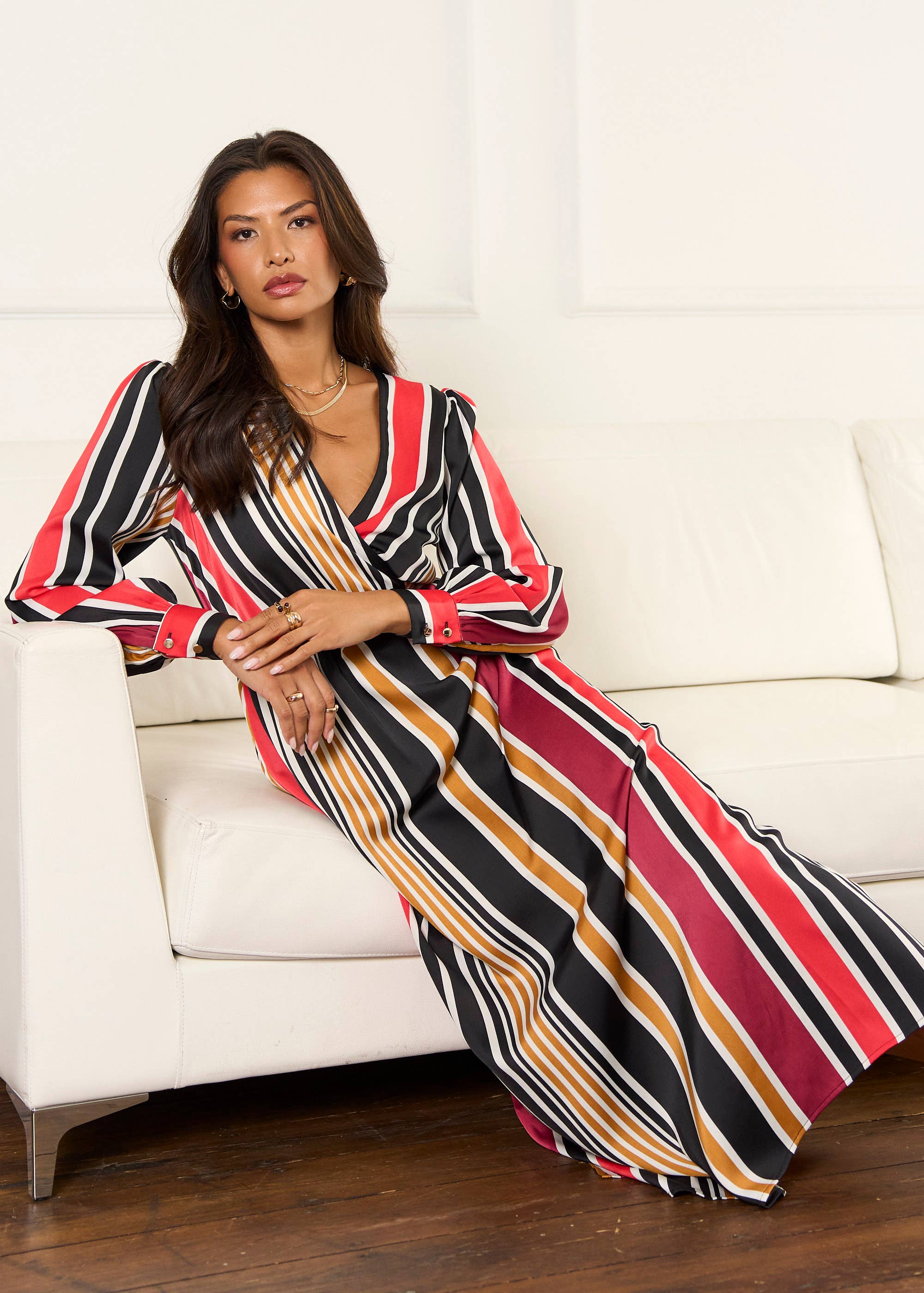 Multi Stripe Satin Wrap Midaxi Dress