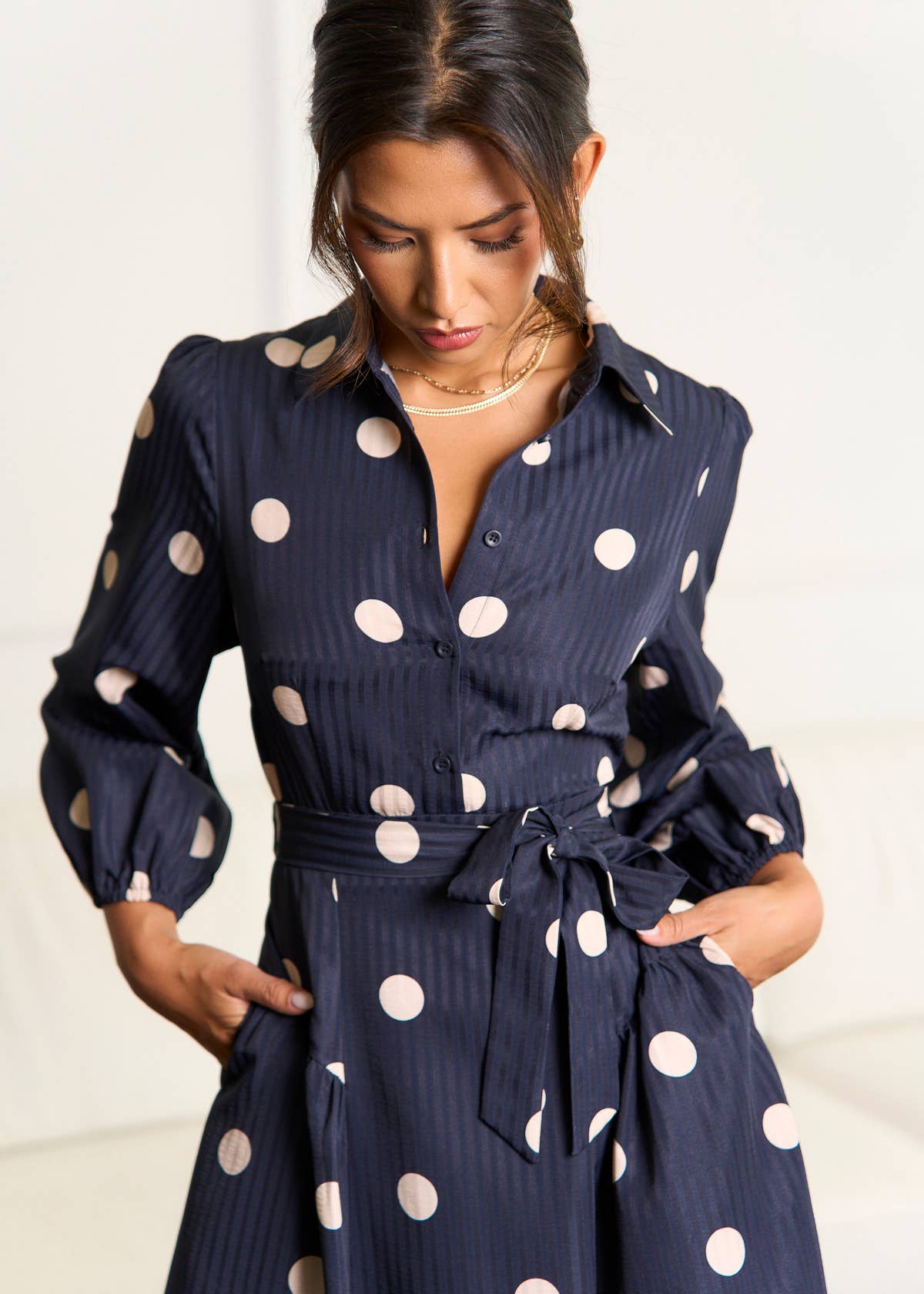 Navy Spot Jacquard Fit And Flare Dress– View 1 | Gini London