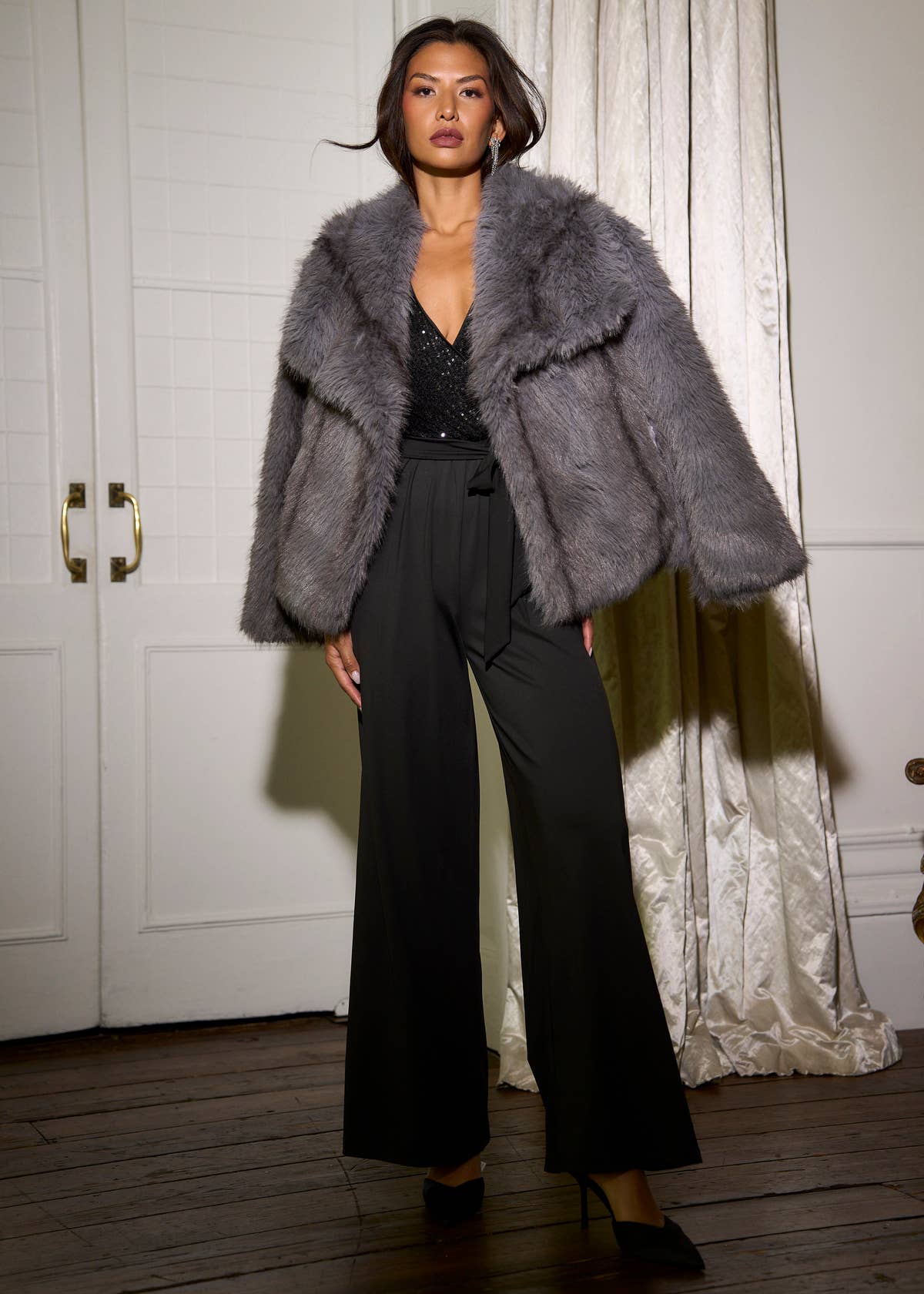 Grey Ombre Lapel Faux Fur Jacket