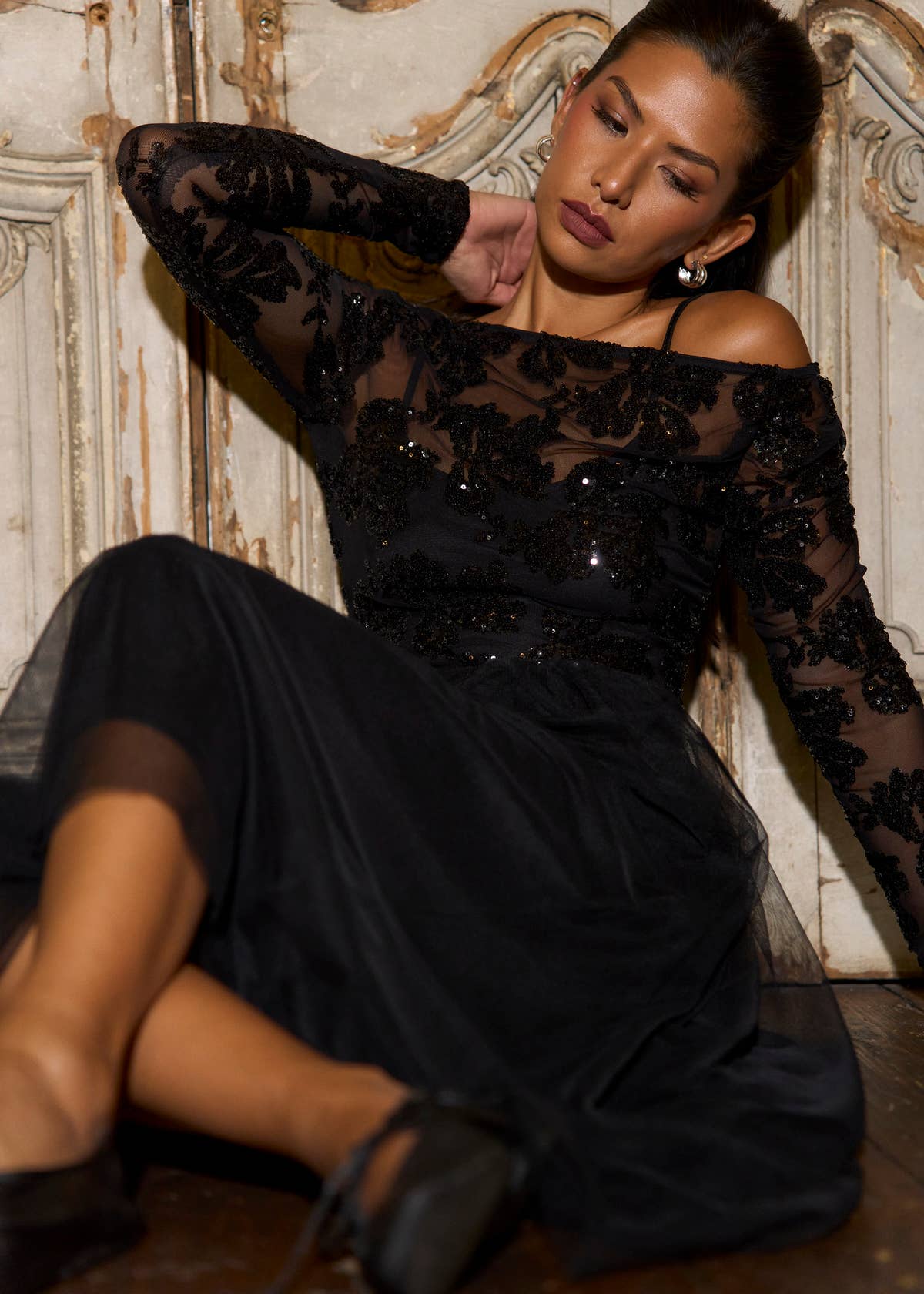Black Floral Sequin Asymmetric Top