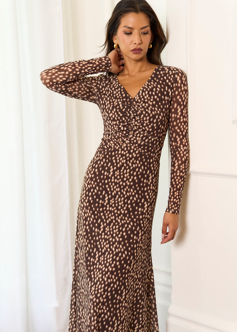 Brown Animal Mesh Ruched Front Midaxi Dress – View 4 | Gini London