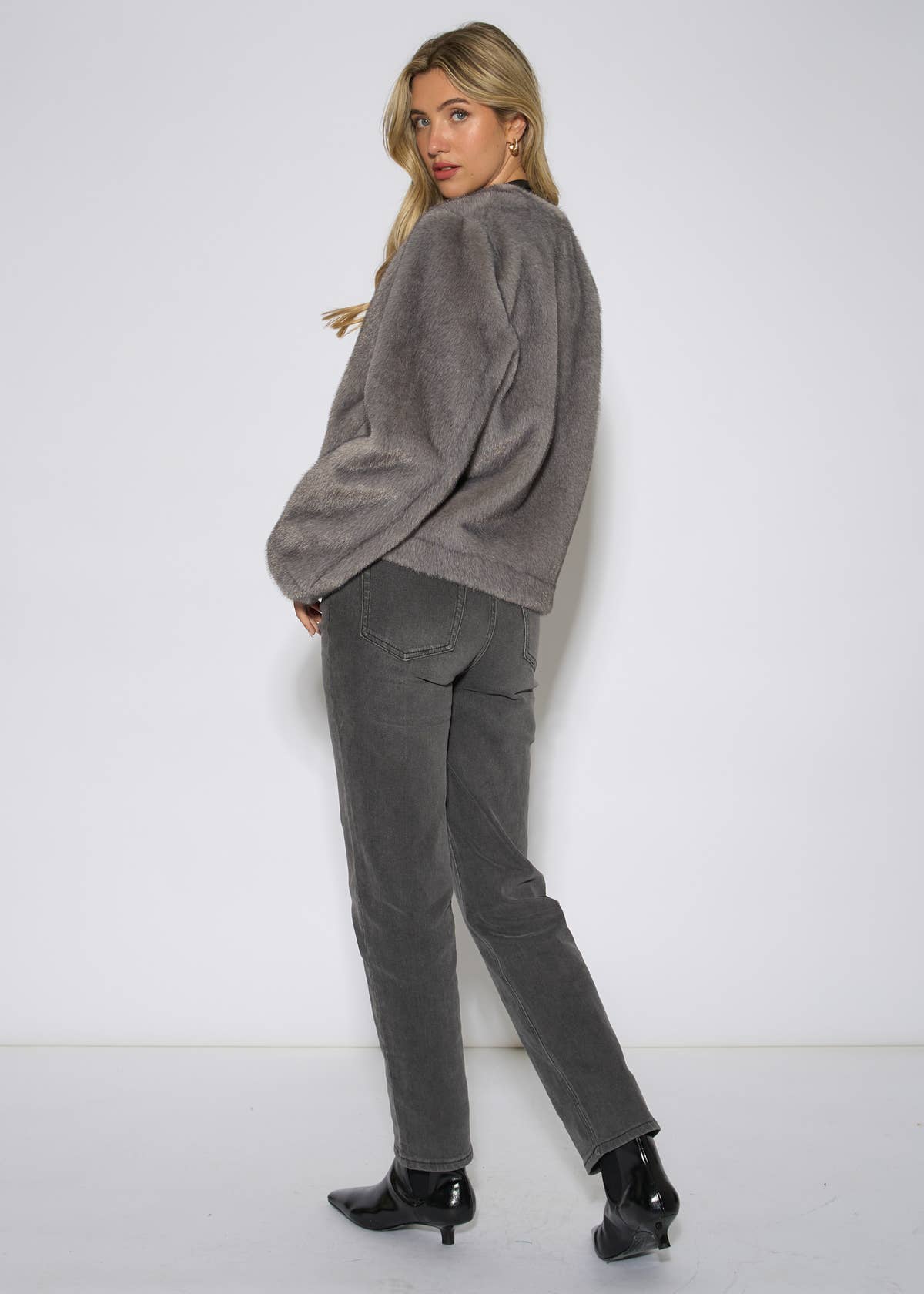 Mid Grey Short Faux Fur Jacket
