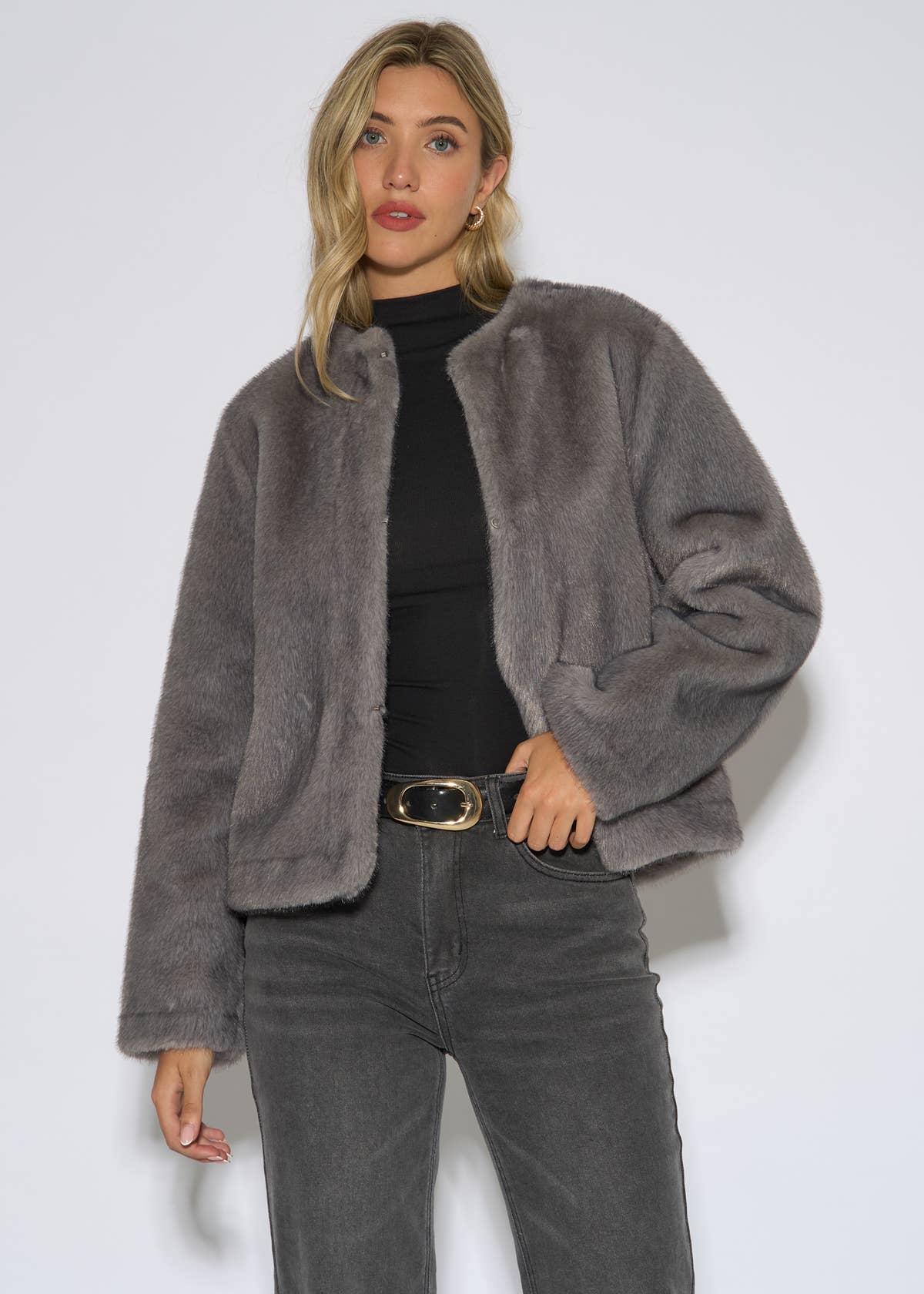 Mid Grey Short Faux Fur Jacket