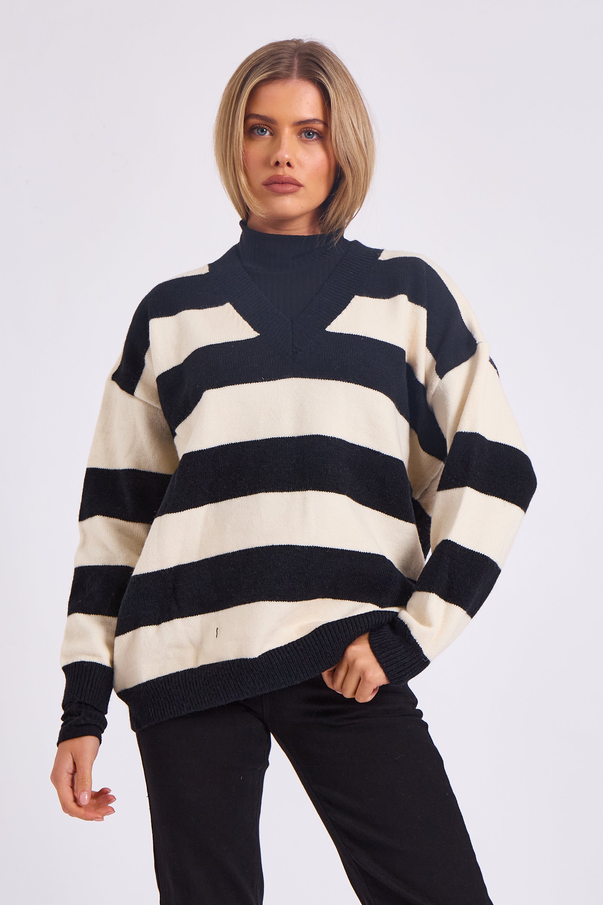 White Wide Stripe Oversized Jumper