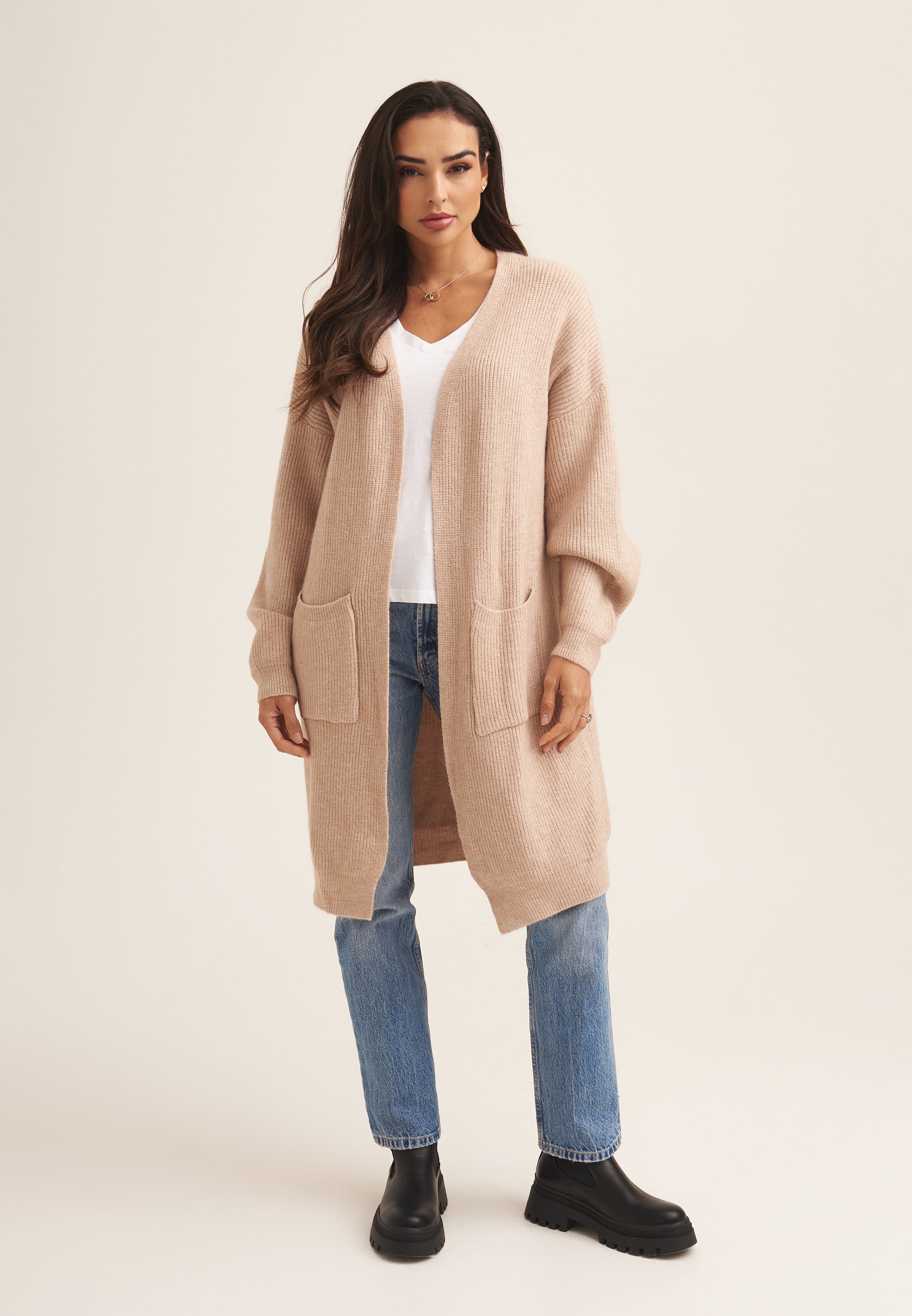 Beige Fine Knit Pocket Edge to Edge Cardigan