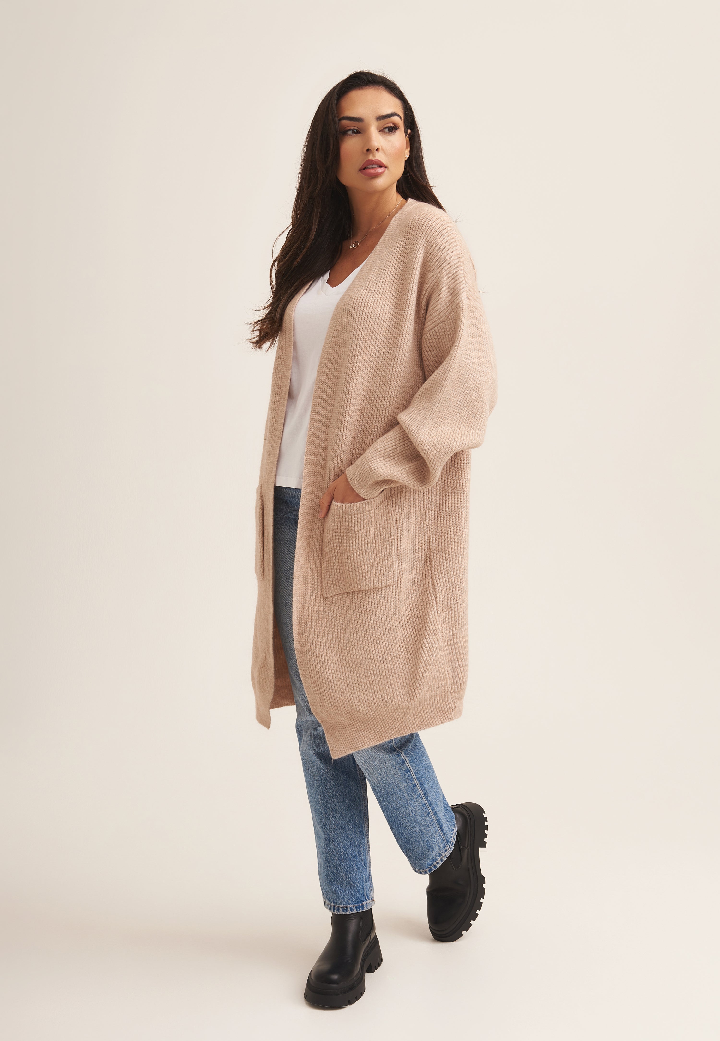 Beige Fine Knit Pocket Edge to Edge Cardigan