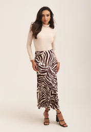 Chocolate Animal Print Satin Bias Cut Midi Skirt