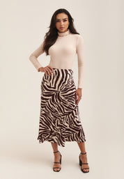 Chocolate Animal Print Satin Bias Cut Midi Skirt