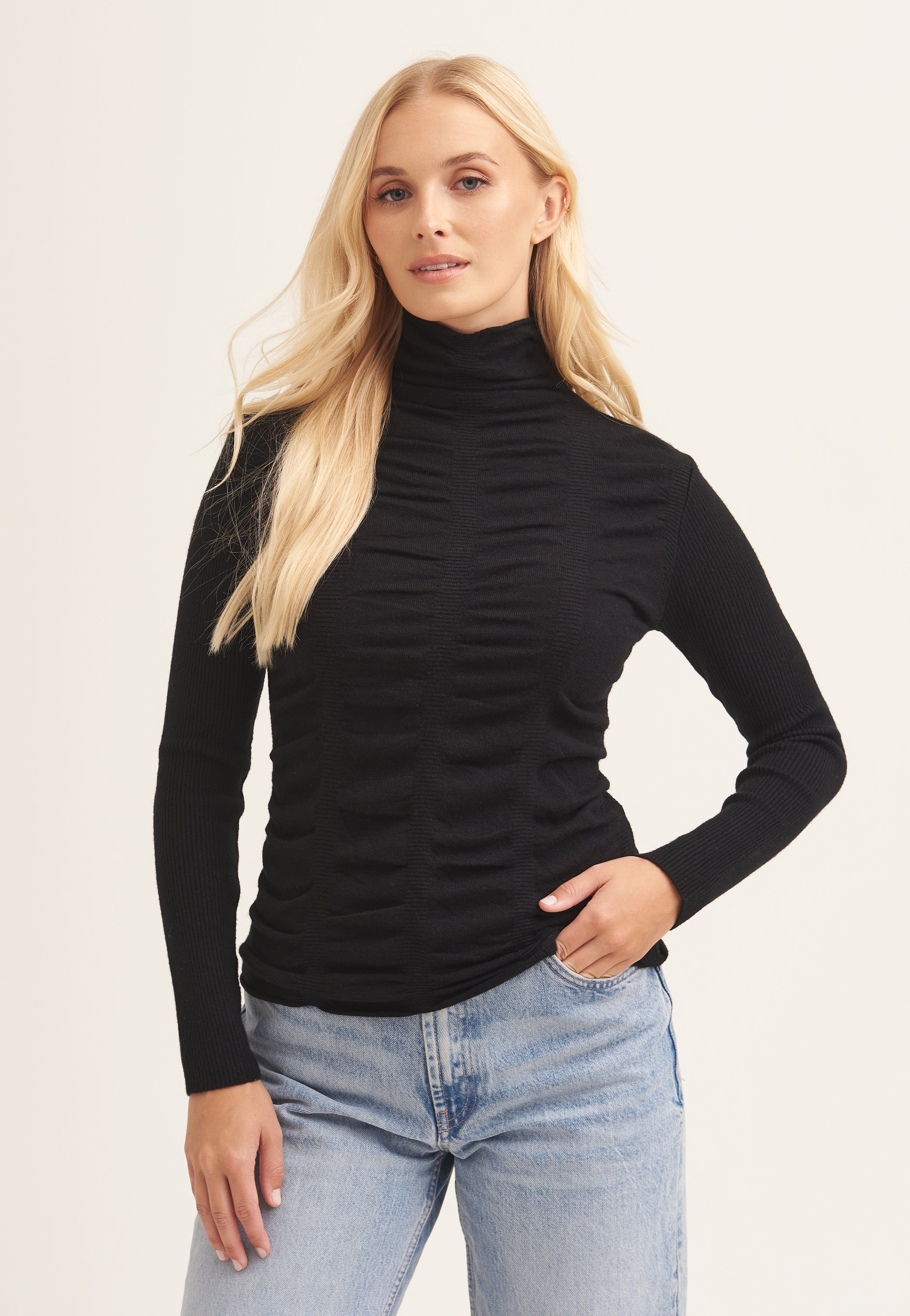 Black Fine Knit Textured High Neck Top