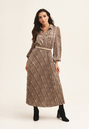 Beige Snake Pleated Shirt Dress with Belt