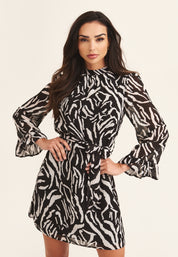 Black Zebra Frill Flared Sleeve Shift Dress