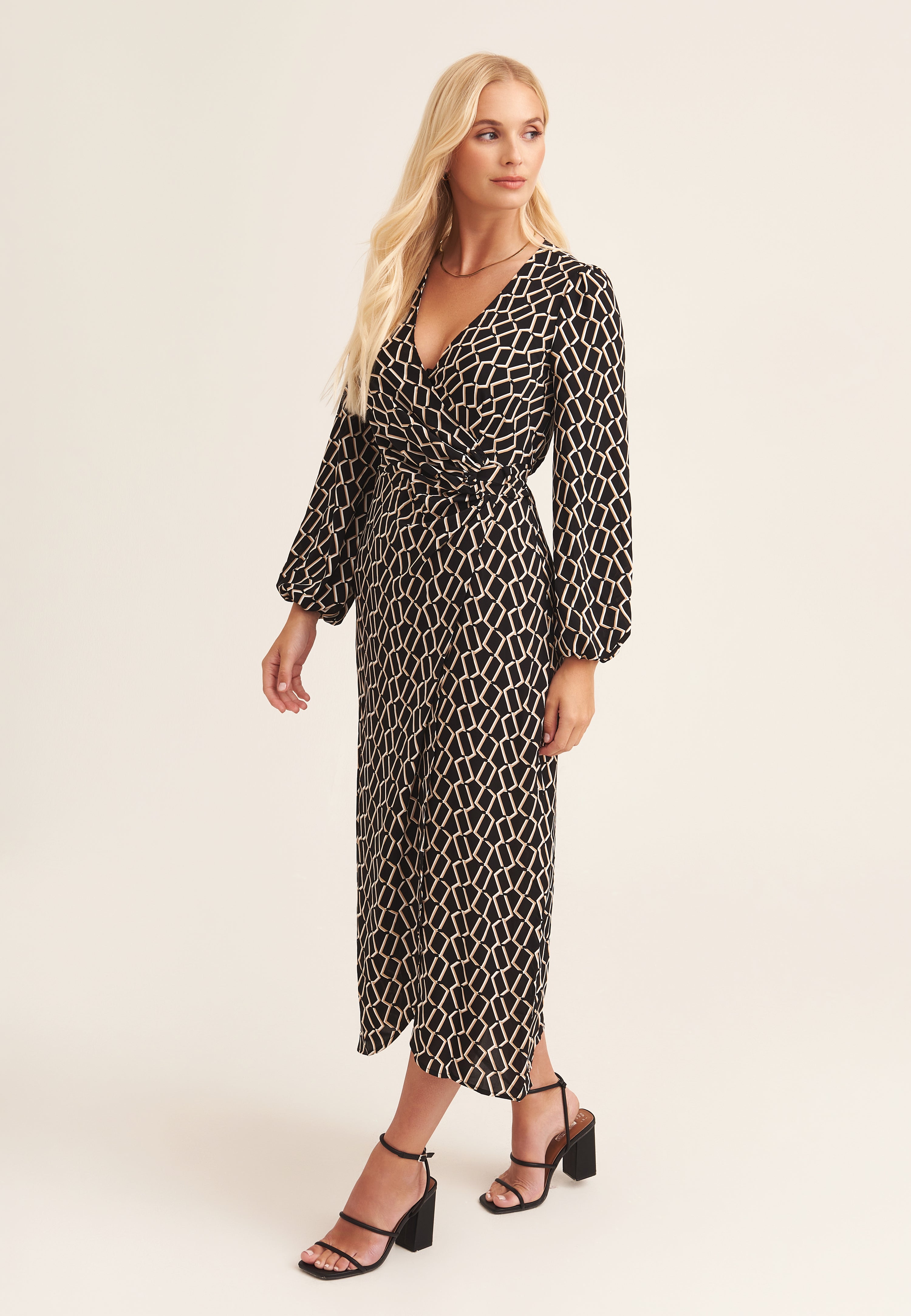 Black Geo Print Ring Detail Wrap Midi Dress