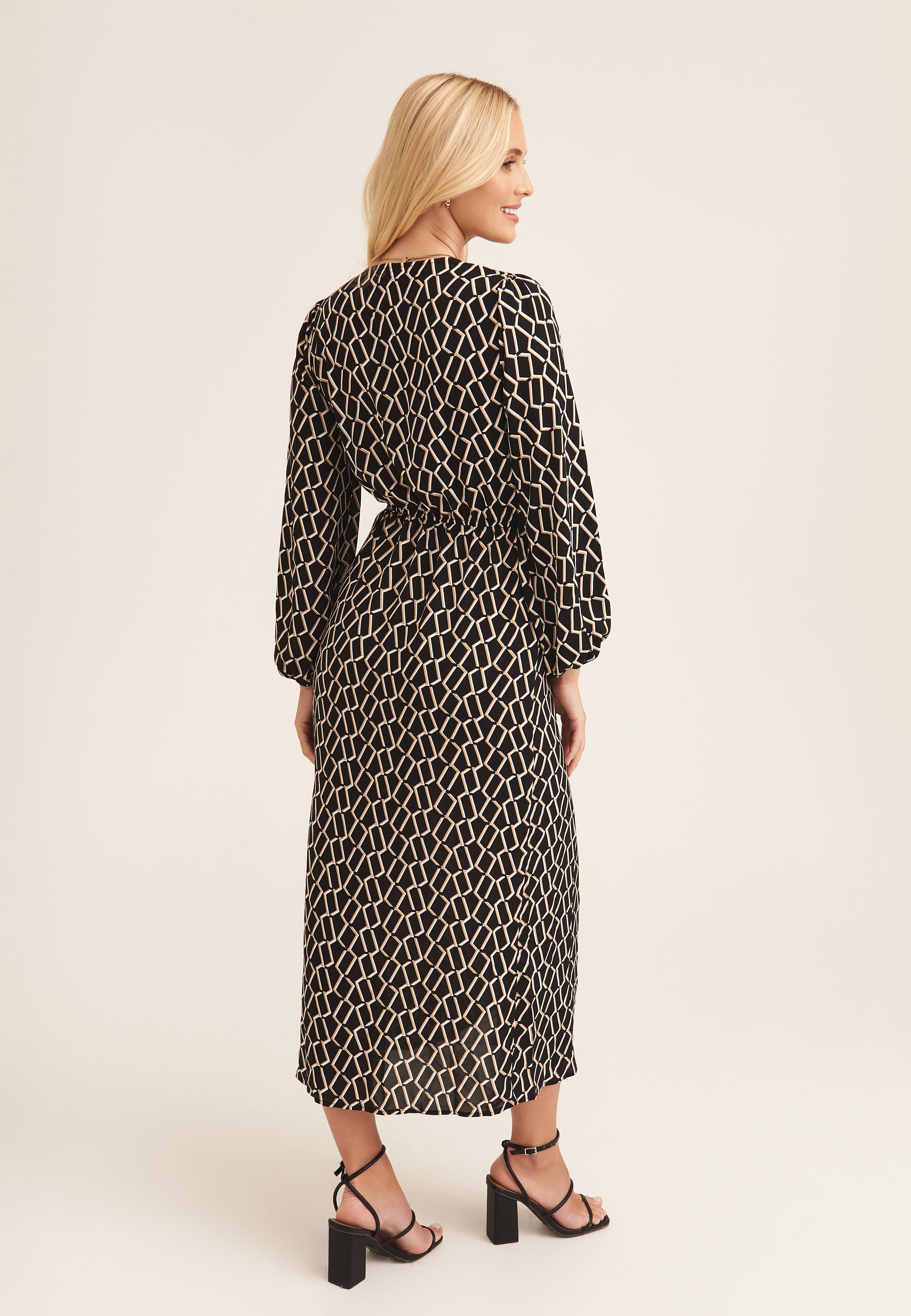 Black Geo Print Ring Detail Wrap Midi Dress