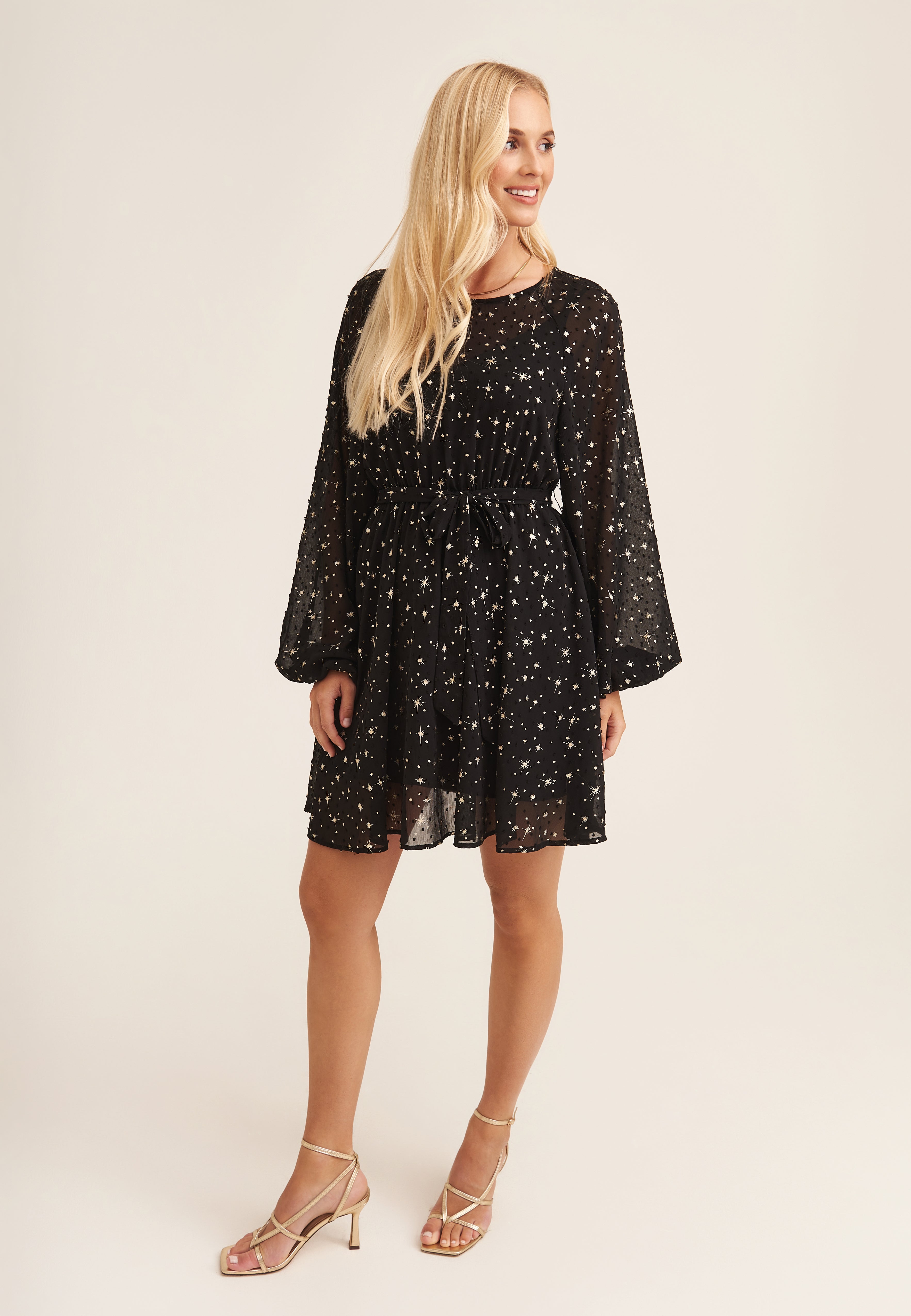 Black Star Print Long Sleeve Mini Dress