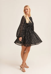 Black Star Print Long Sleeve Mini Dress