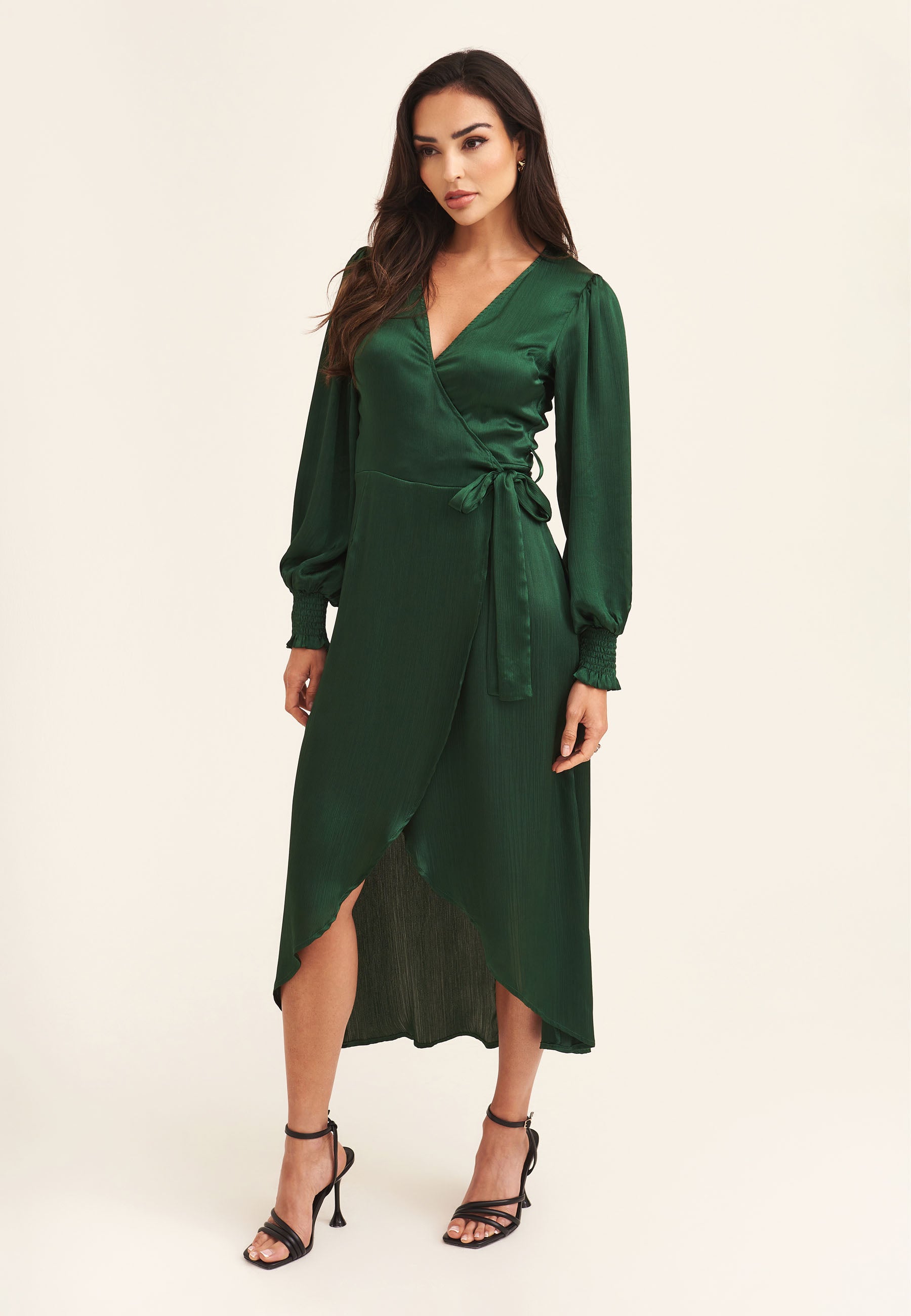 Green Satin Wrap Midi Dress