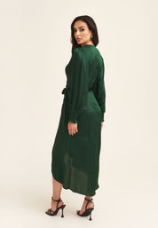 Green Satin Wrap Midi Dress