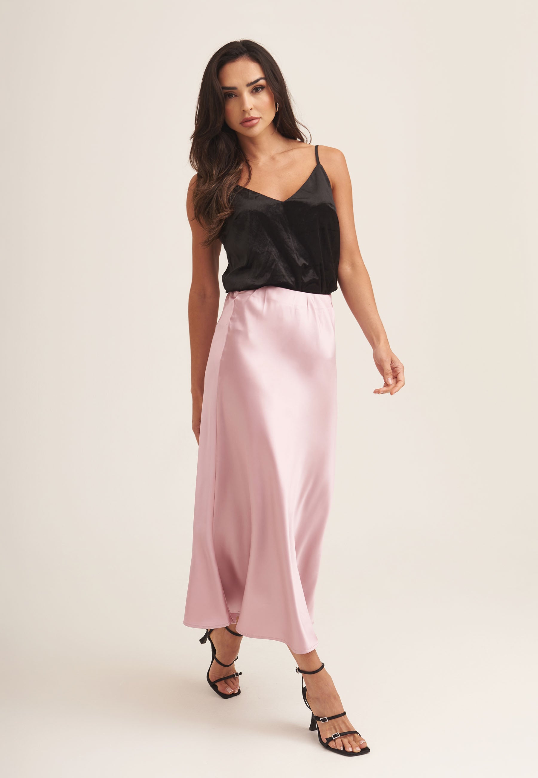 Champagne Satin Bias Cut Midi Skirt