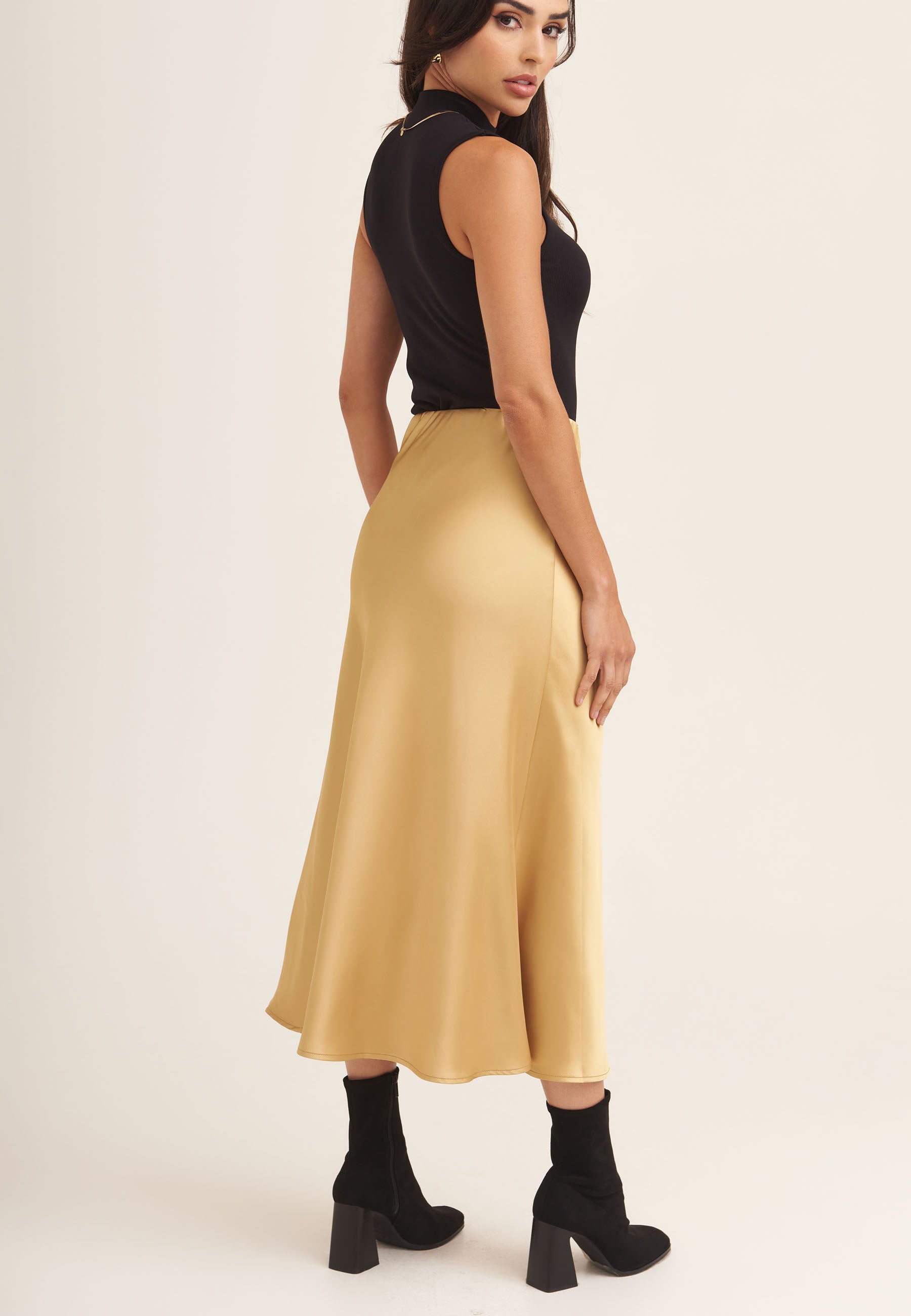 Sandy Gold Satin Bias Cut Midi Skirt