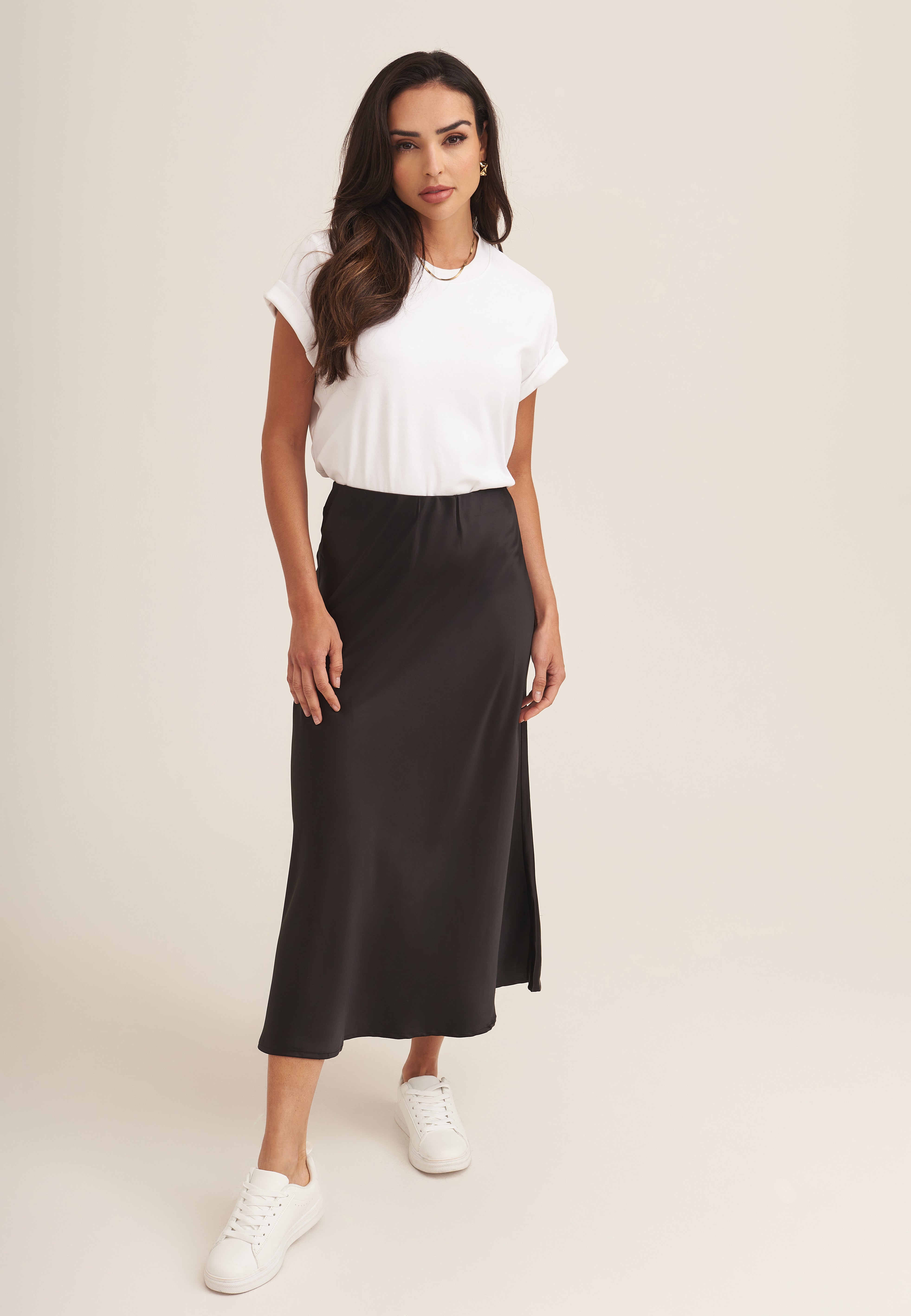 Black Satin Bias Cut Midi Skirt