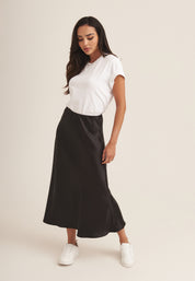 Black Satin Bias Cut Midi Skirt