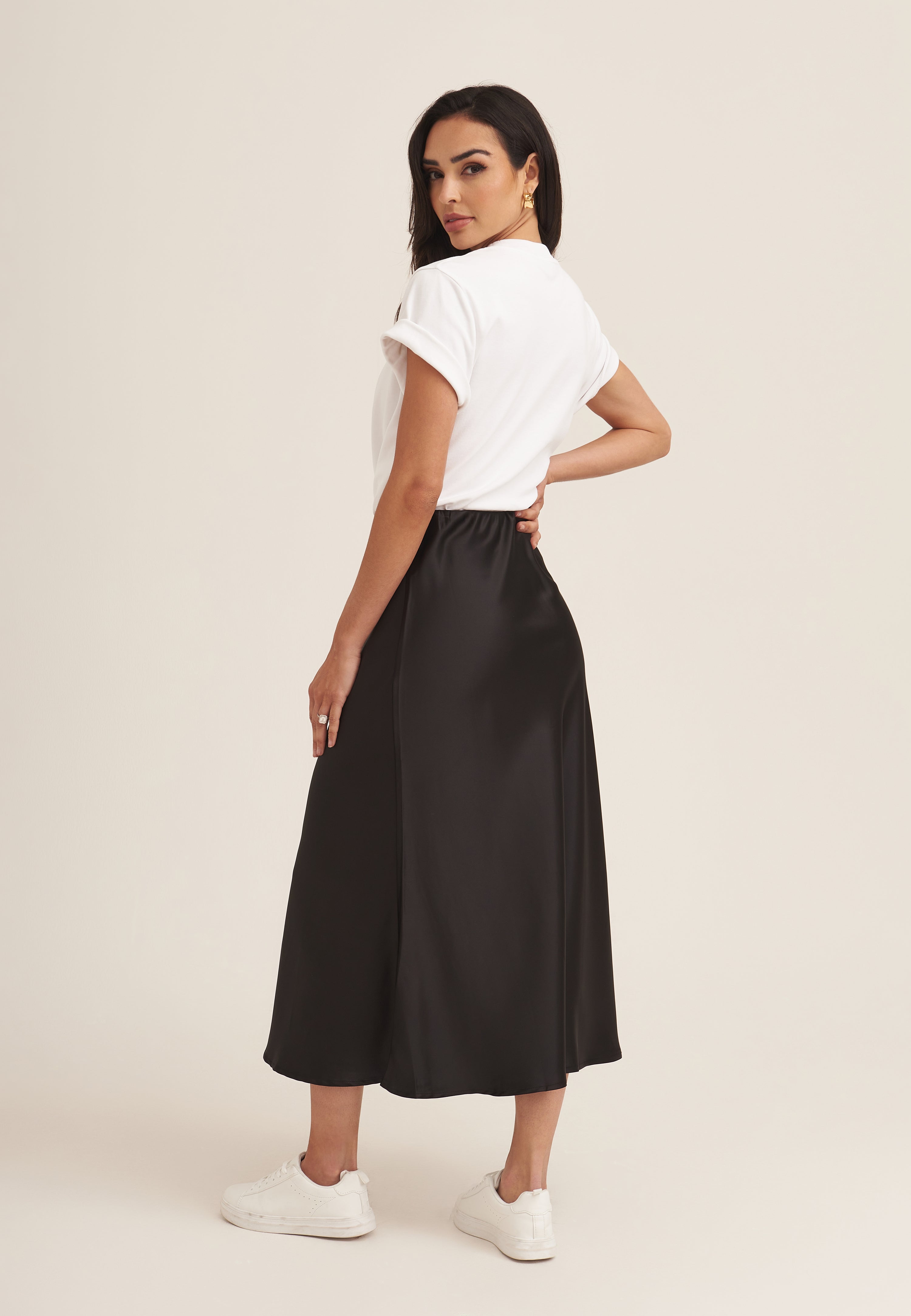 Black Satin Bias Cut Midi Skirt