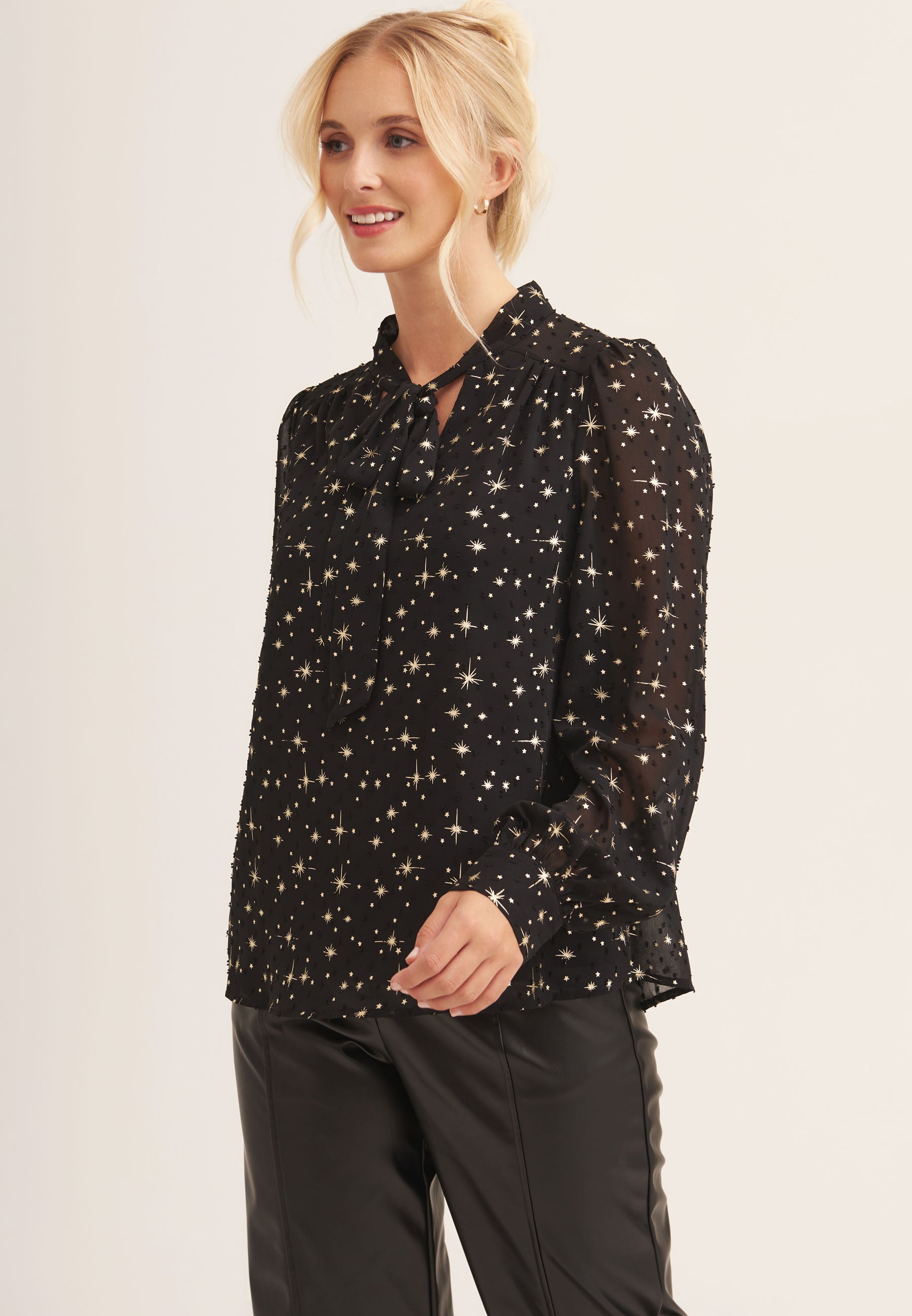 Black Tie Neck Long Sleeve Top