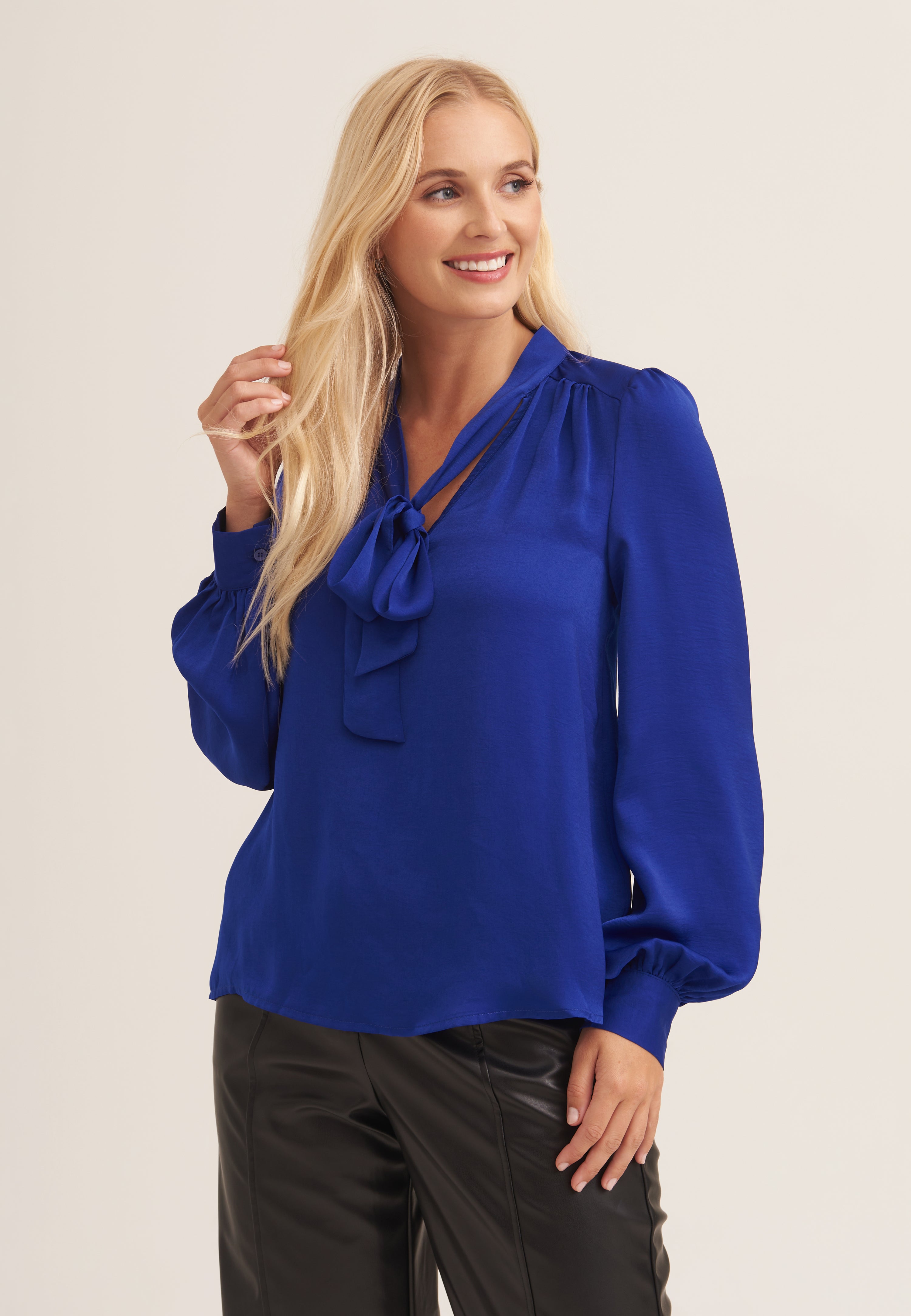 Royal Blue Tie Neck Long Sleeve Top