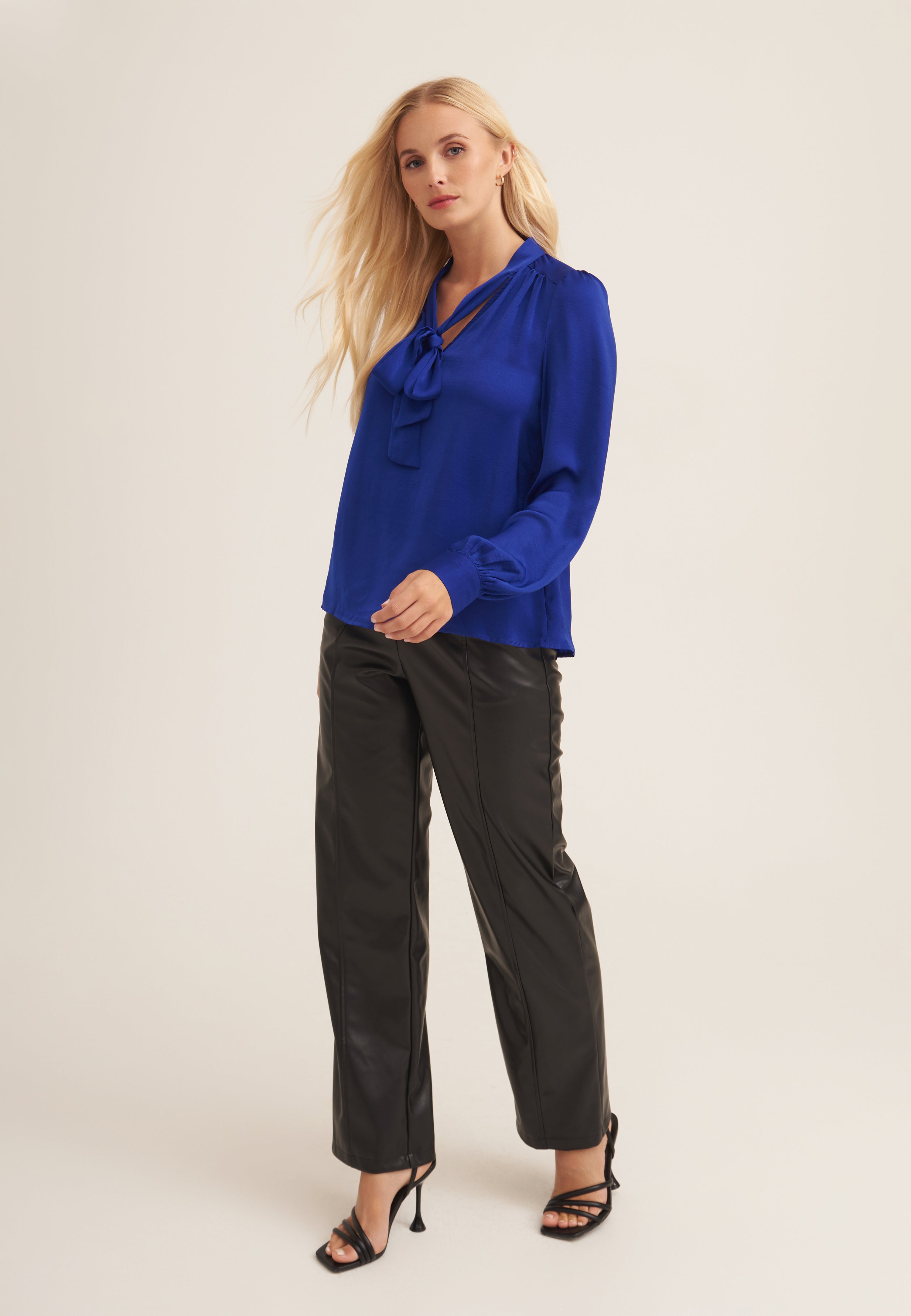 Royal Blue Tie Neck Long Sleeve Top