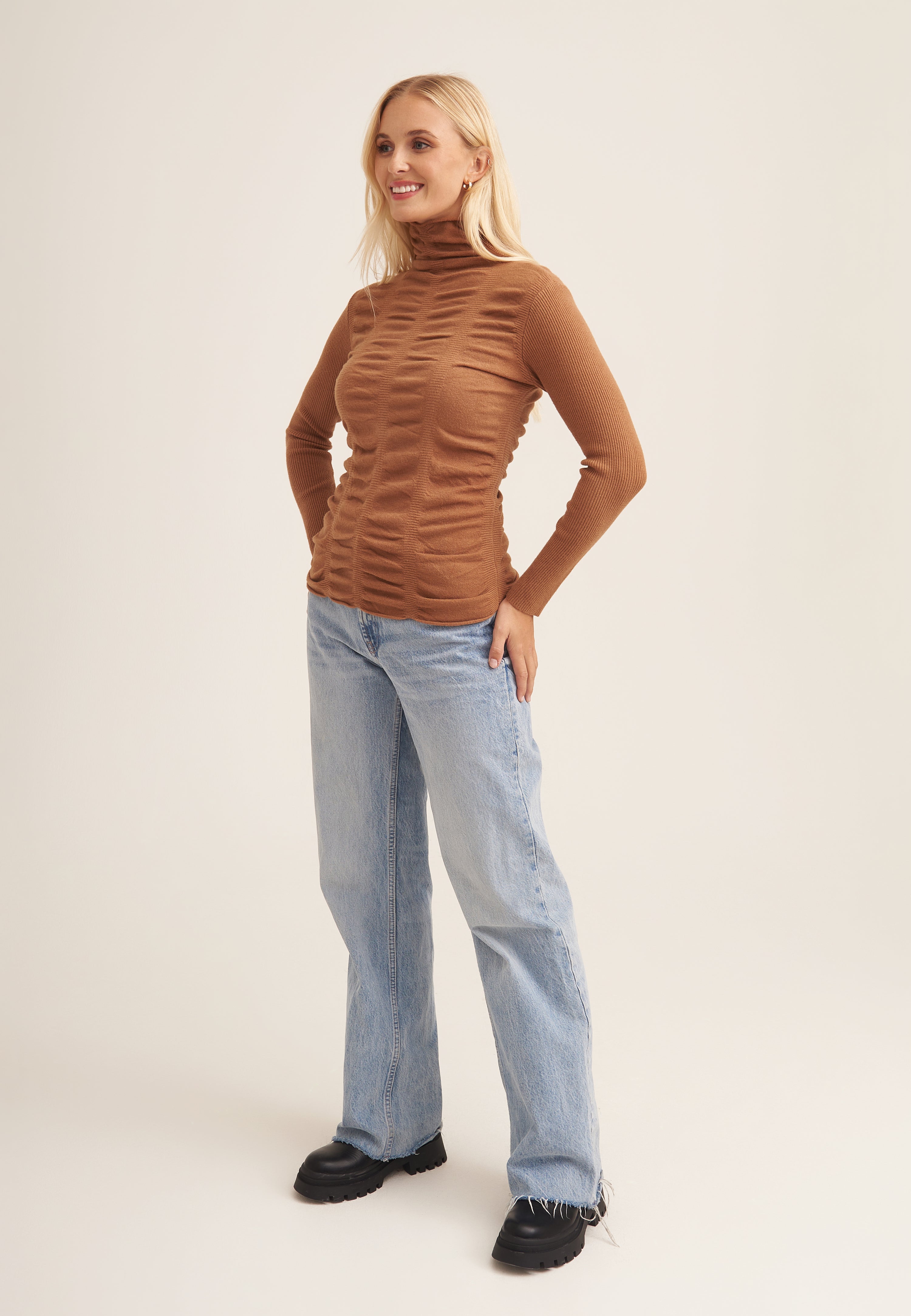 Camel Fine Knit Textured High Neck Top