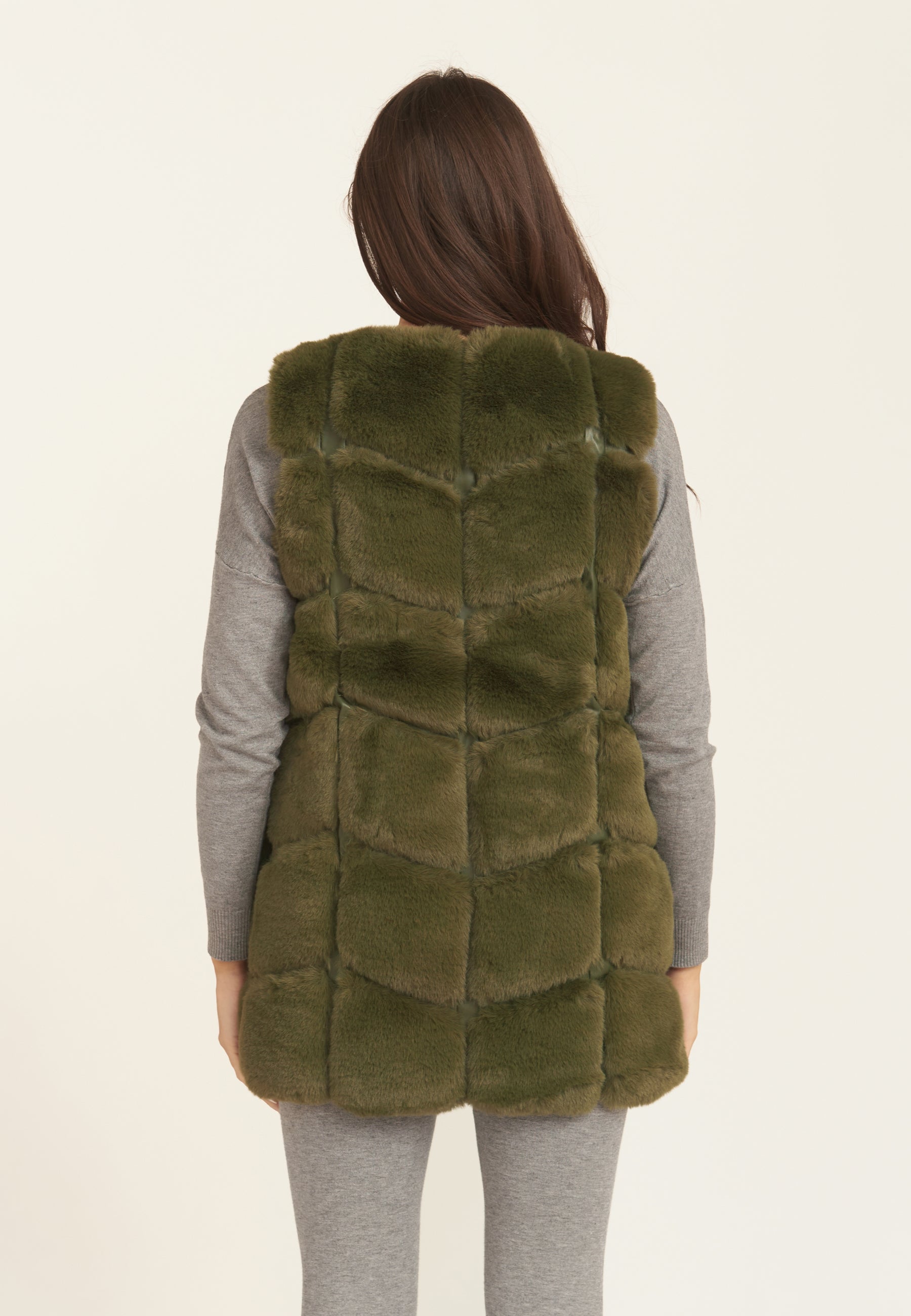 Khaki Box Cut Faux Fur Gilet Jacket