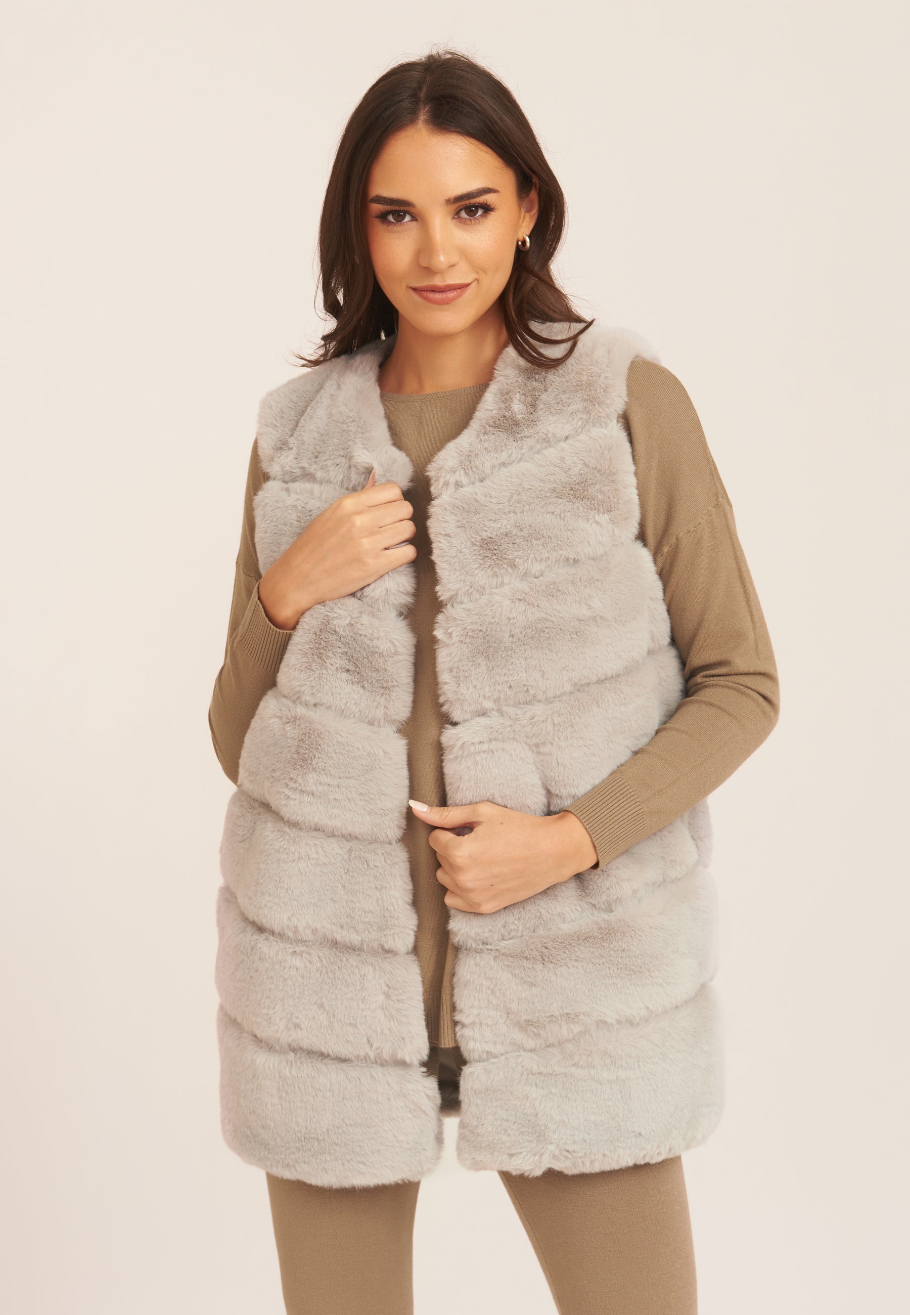 Silver Diagonal Cut Sleeveless Faux Fur Gilet