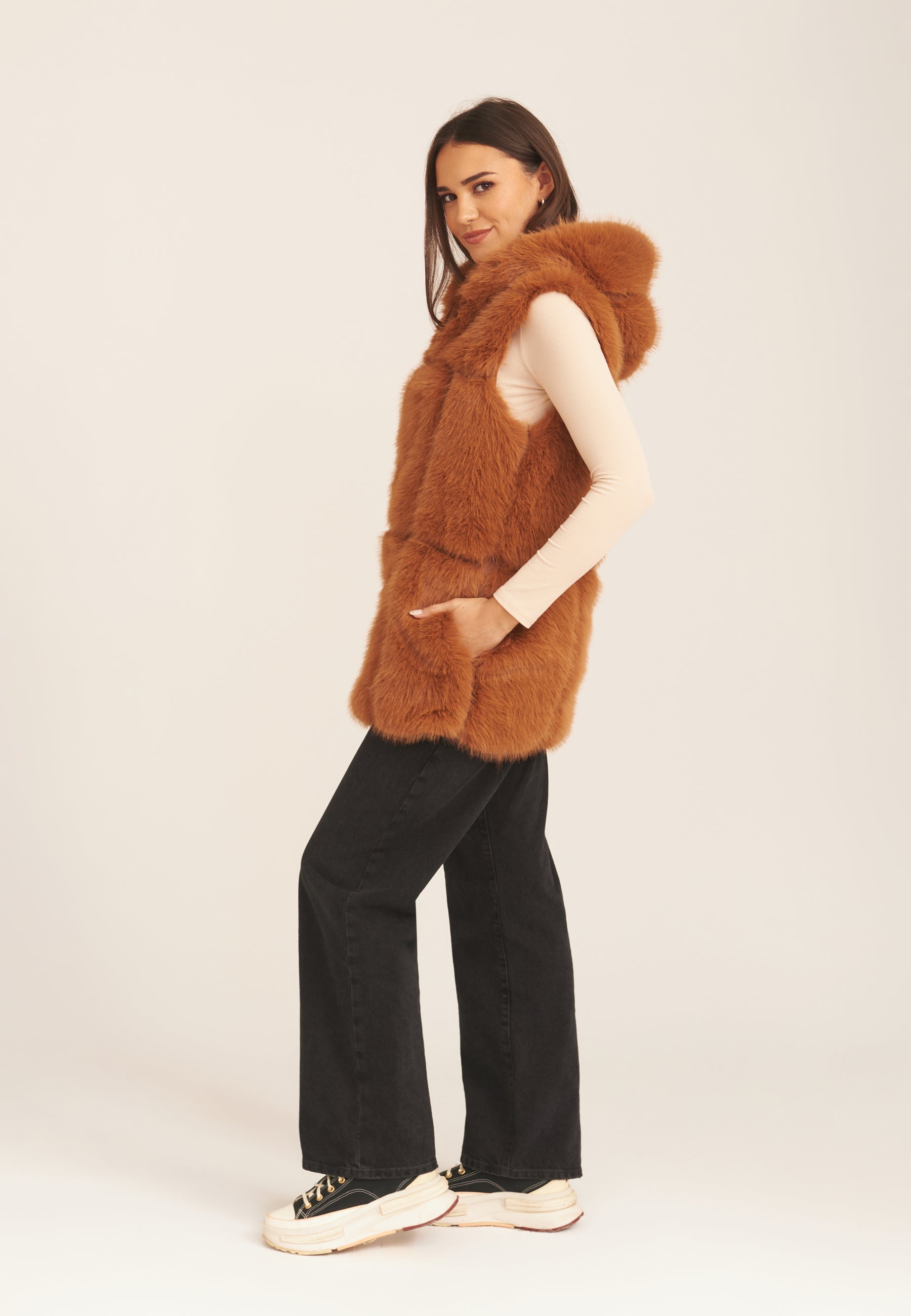 Camel Soft Touch Fur Longline Gilet