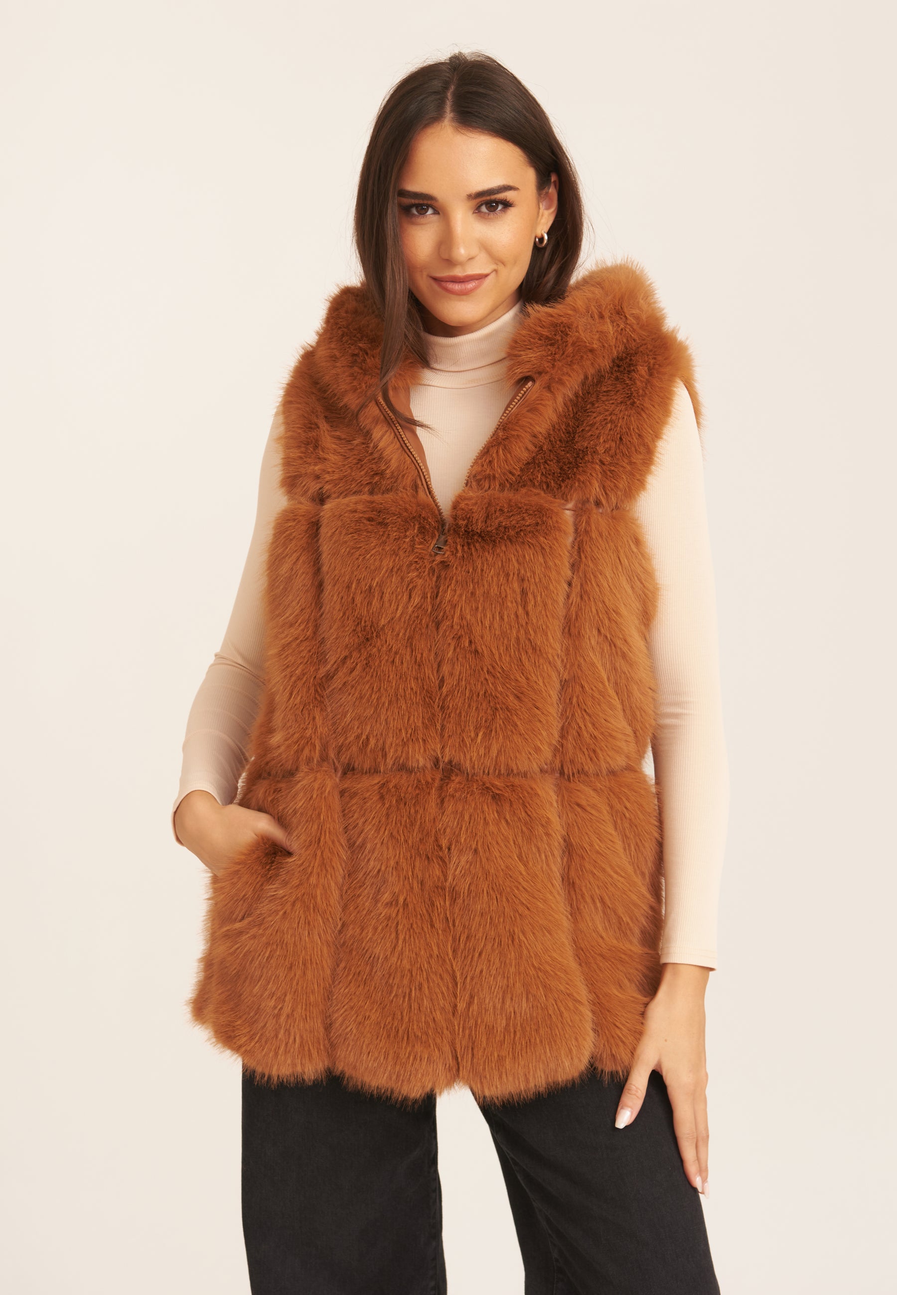 Camel Soft Touch Fur Longline Gilet