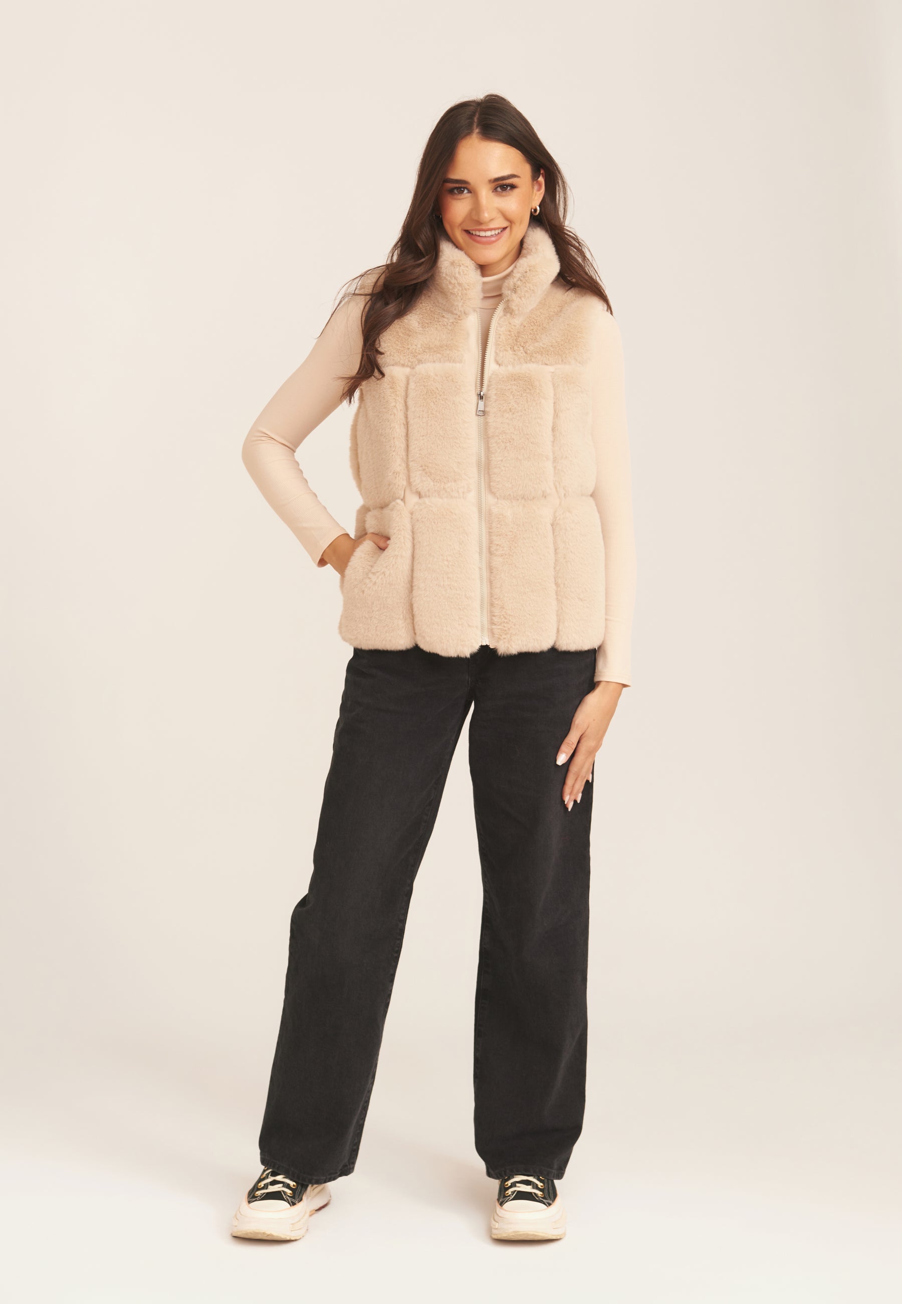 Stone Faux Fur Zip Front Gilet