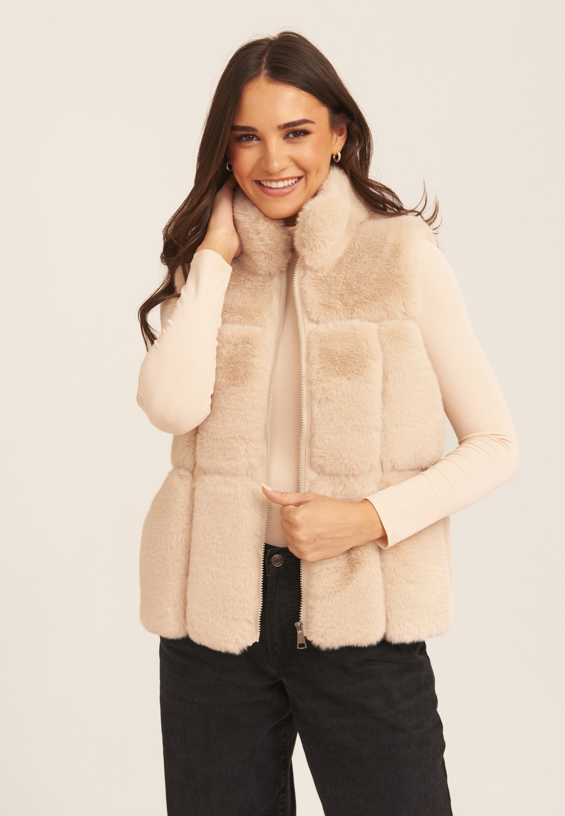 Stone Faux Fur Zip Front Gilet