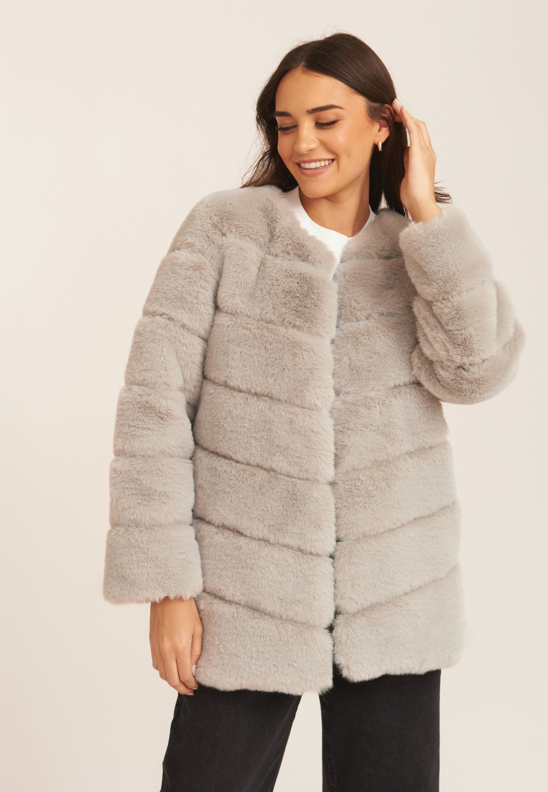 Silver Diagonal Cut Faux Fur Long Sleeve Jacket