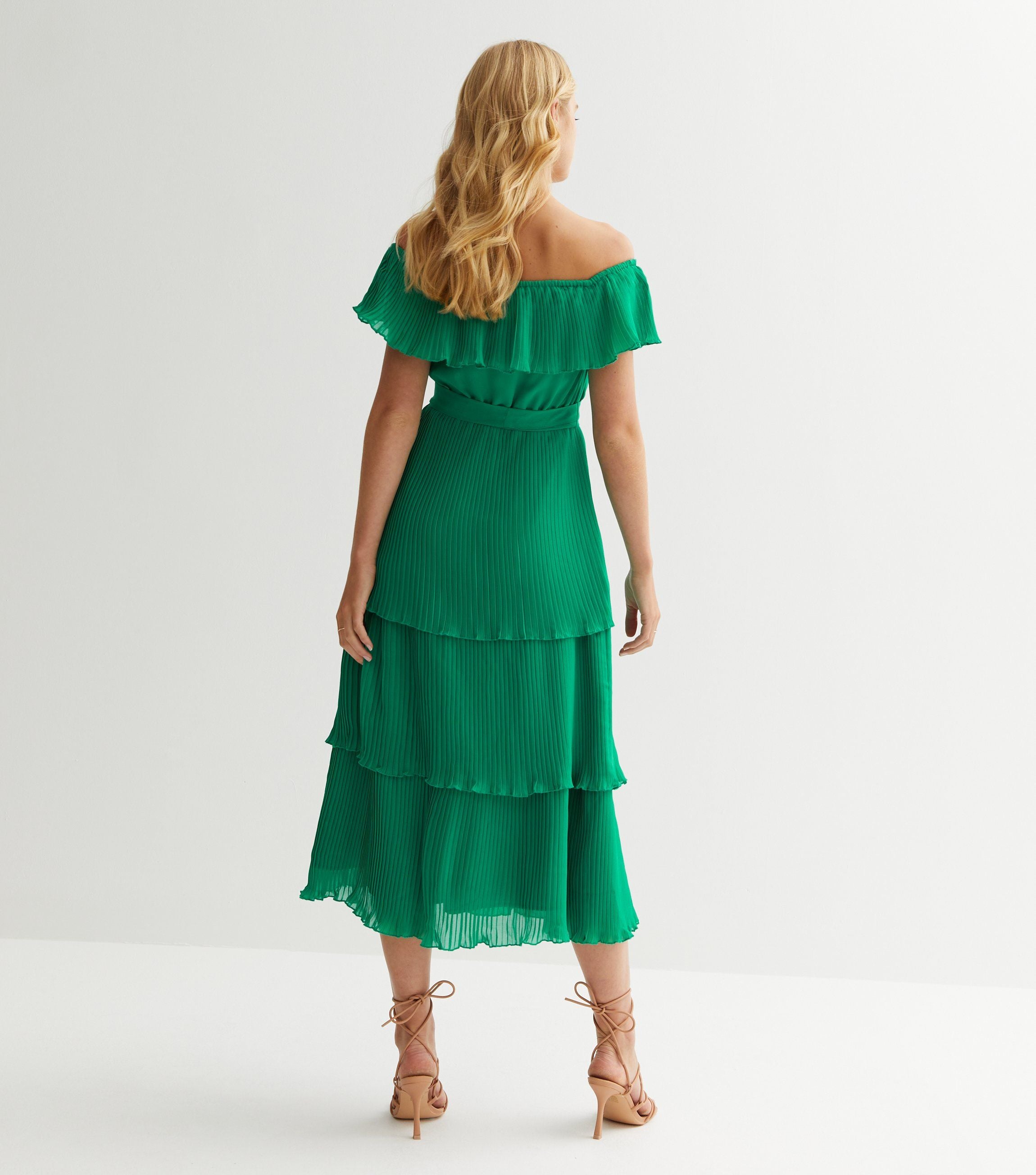 Green Pleated Tiered Bardot Midaxi Dress