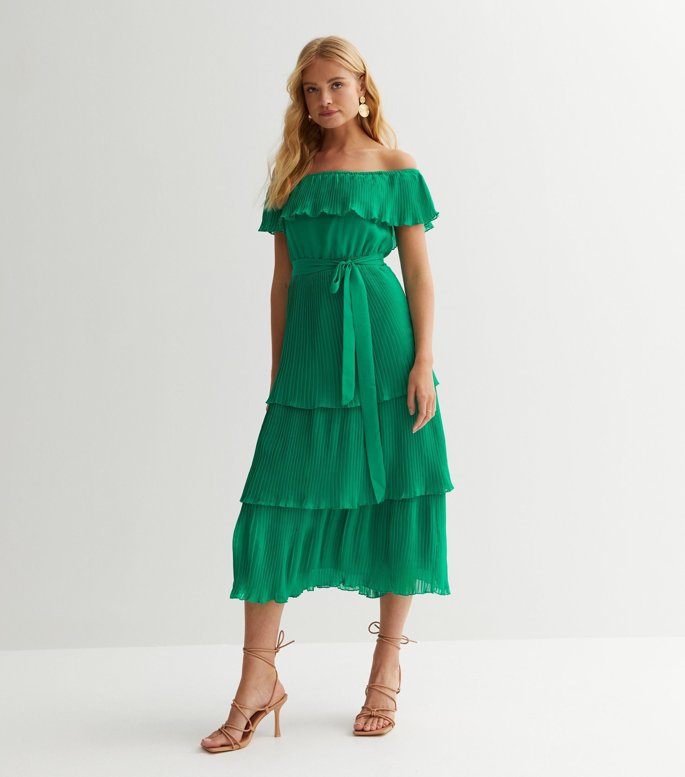 Green Pleated Tiered Bardot Midaxi Dress