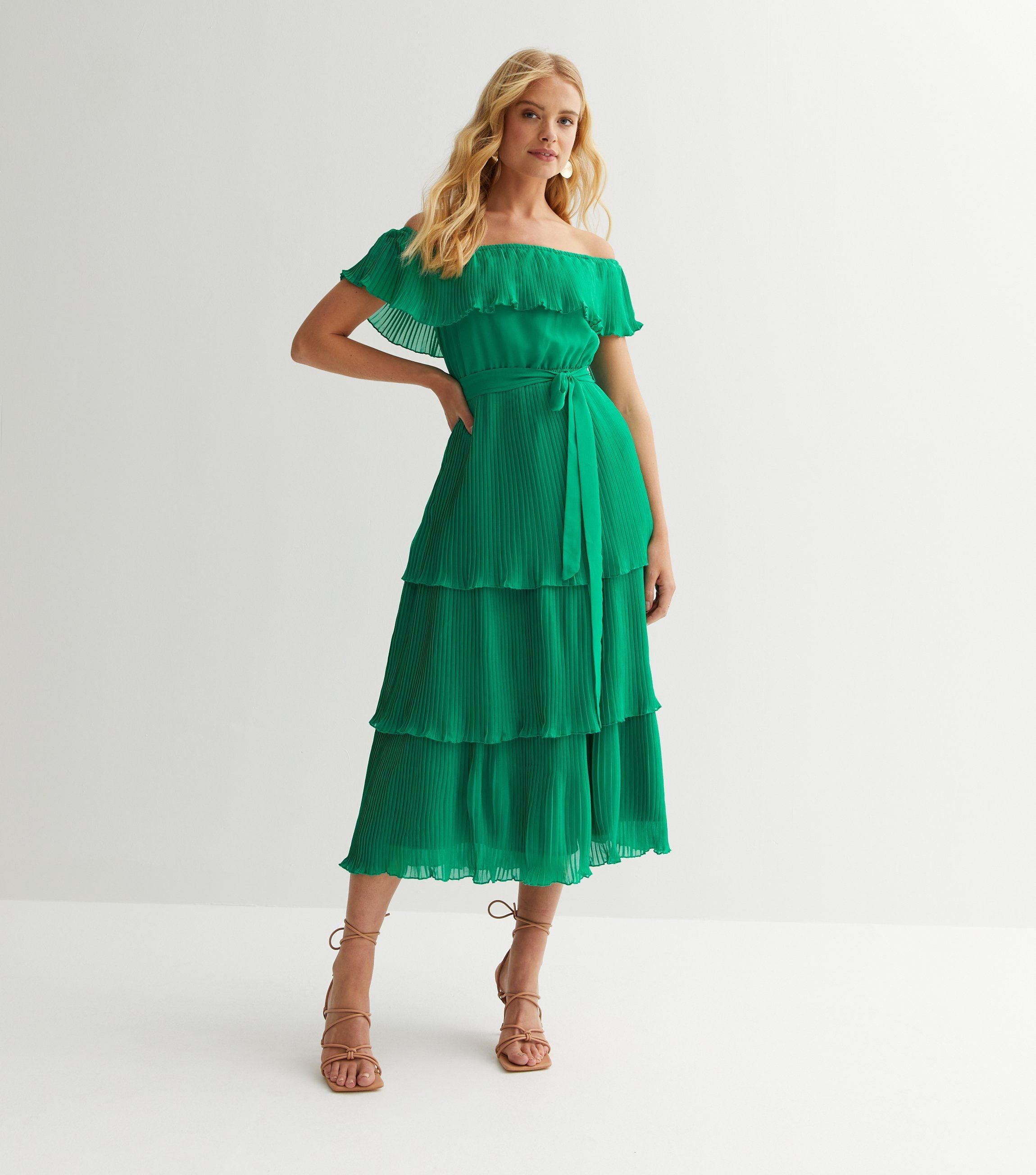 Green Pleated Tiered Bardot Midaxi Dress