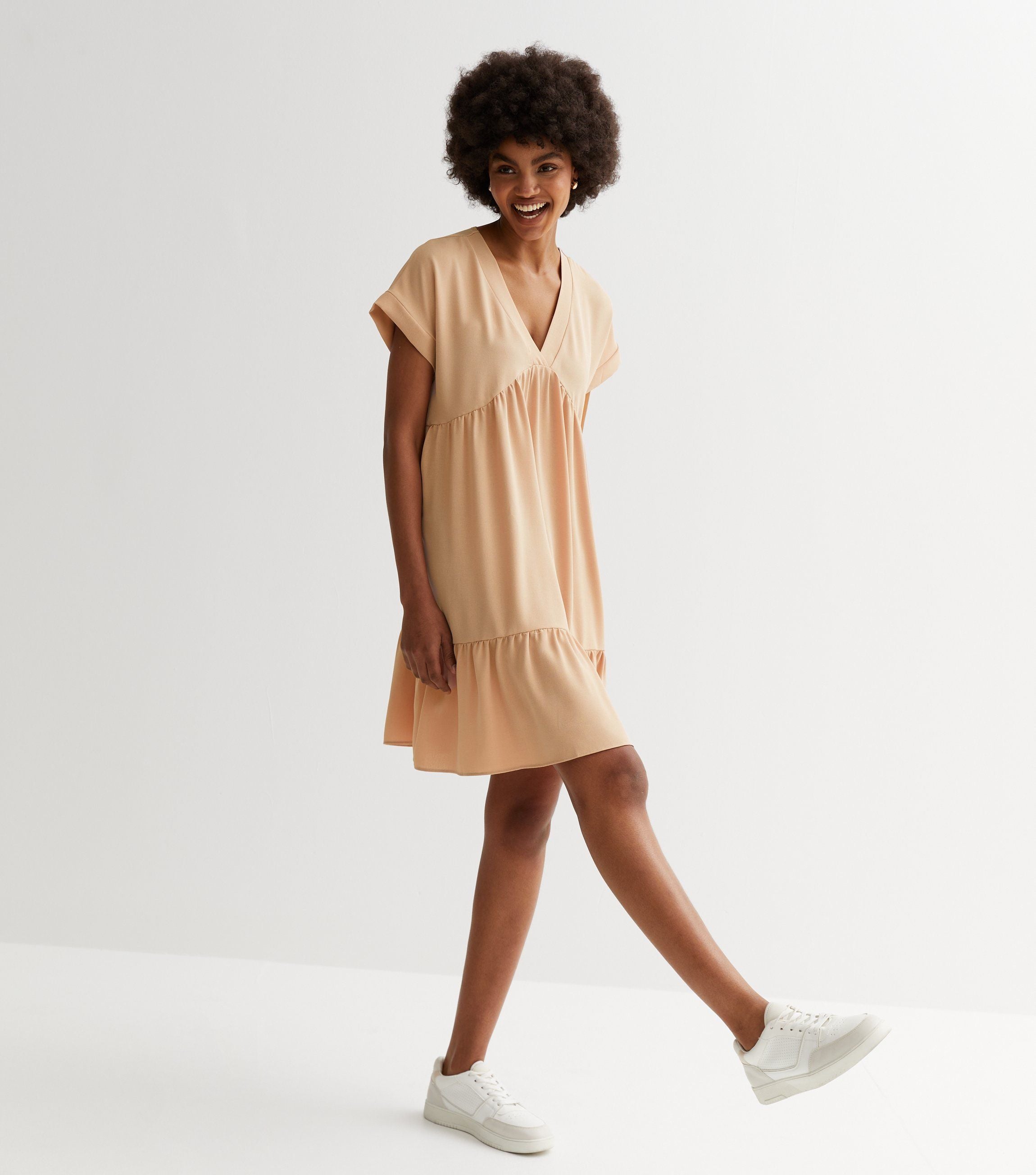 Beige V Neck Tiered Mini Smock Dress