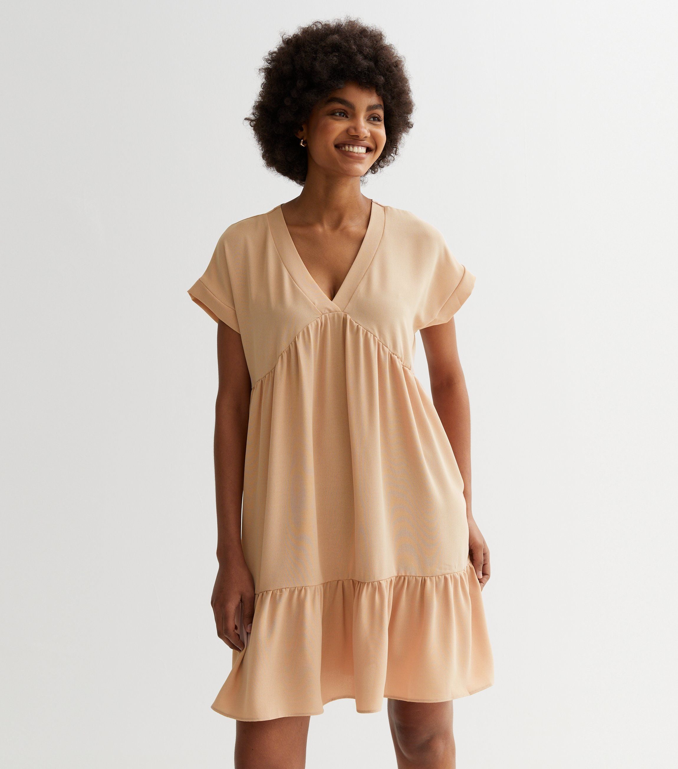 Beige V Neck Tiered Mini Smock Dress