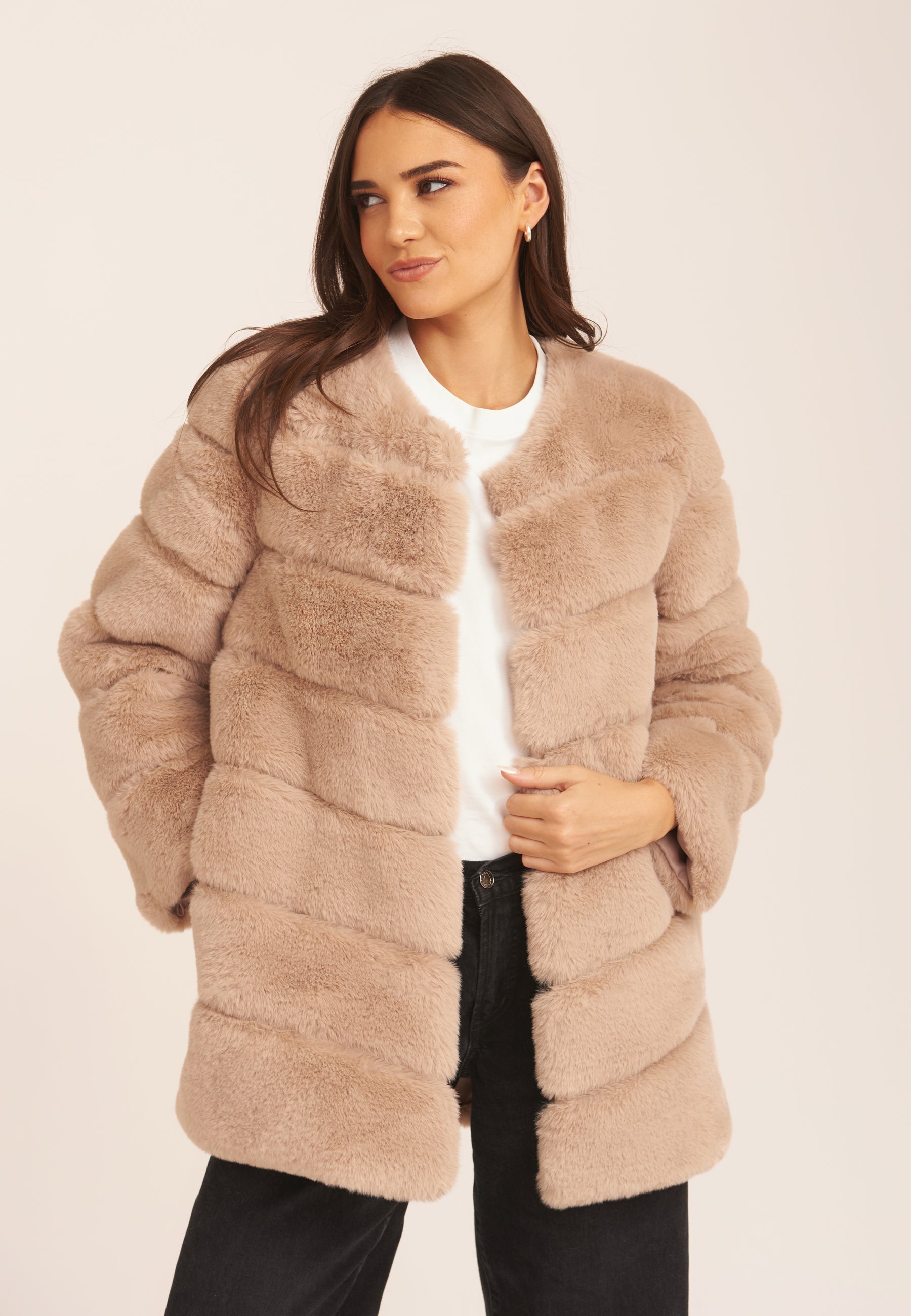 Mink Brown Diagonal Cut Faux Fur Long Sleeve Jacket