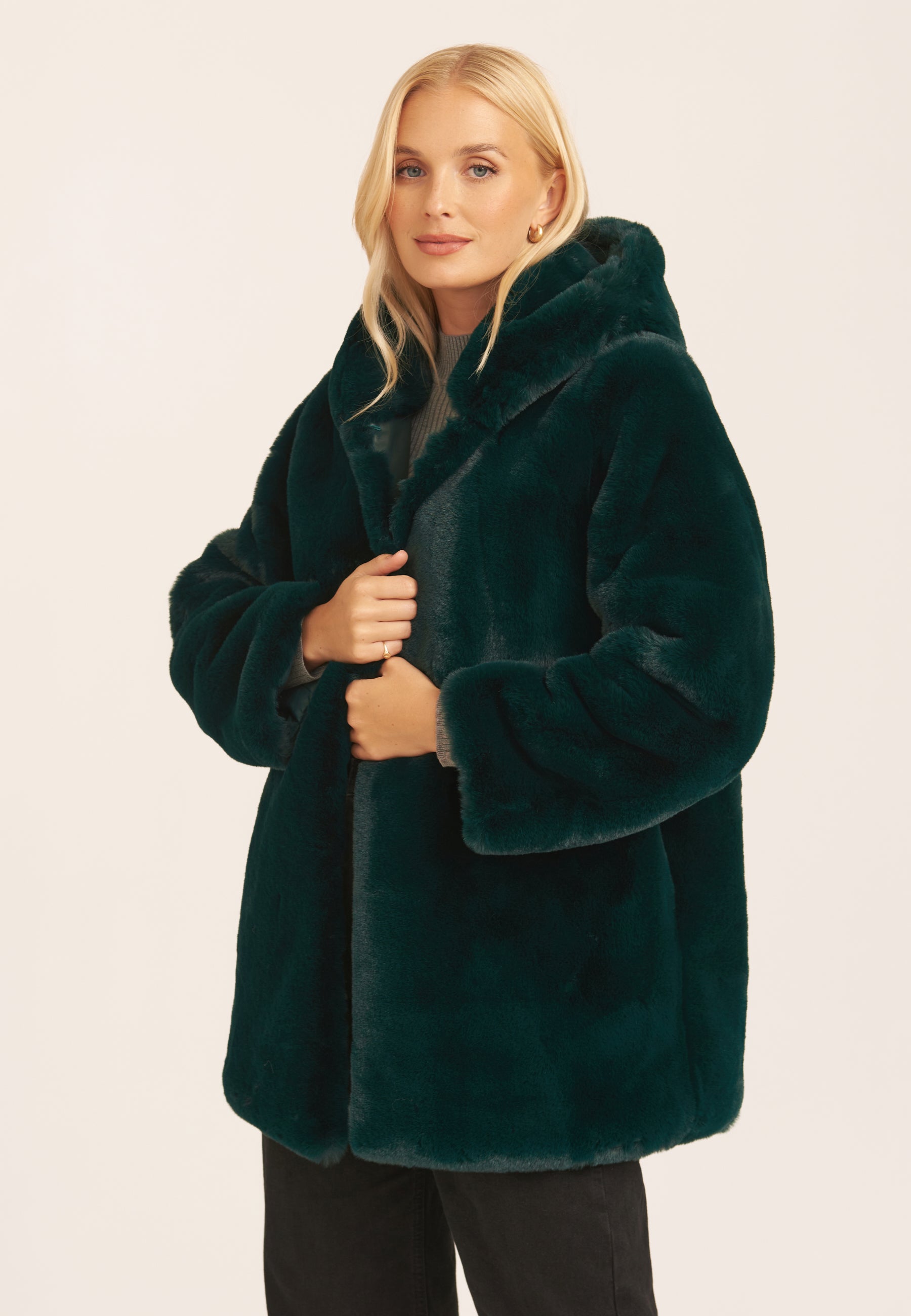 Emerald Green Hooded Long Sleeve Faux Fur Jacket