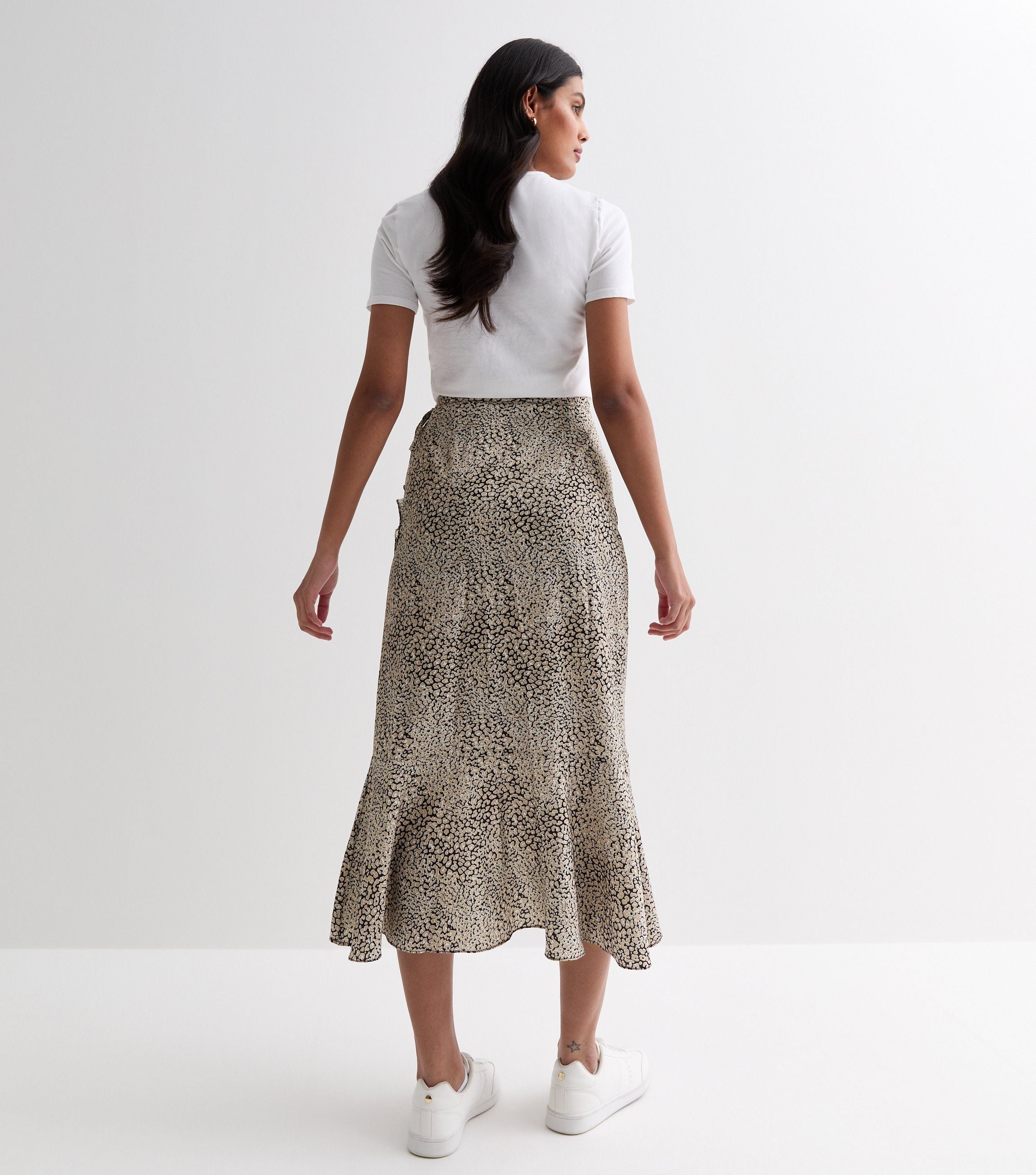 Beige Animal Print Ruffle Wrap Midi Skirt