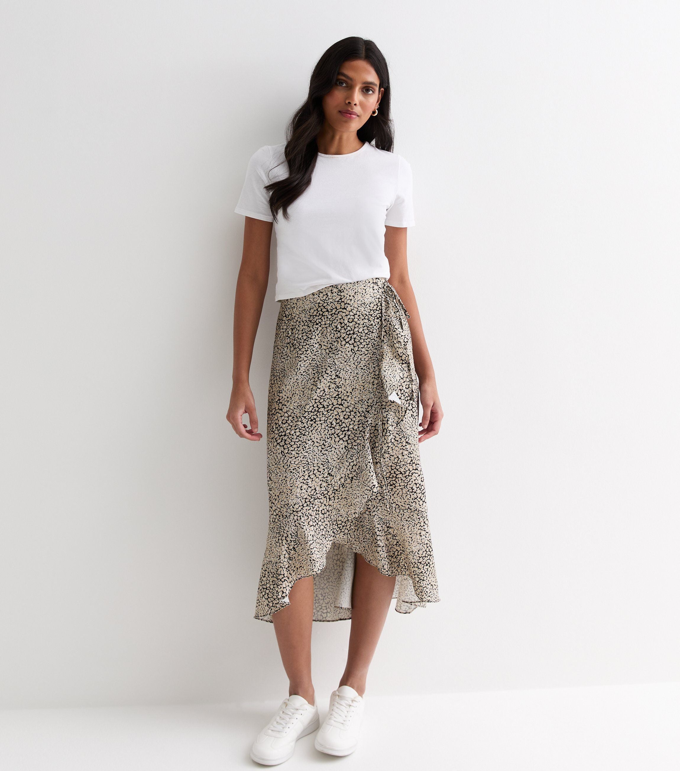 Beige Animal Print Ruffle Wrap Midi Skirt