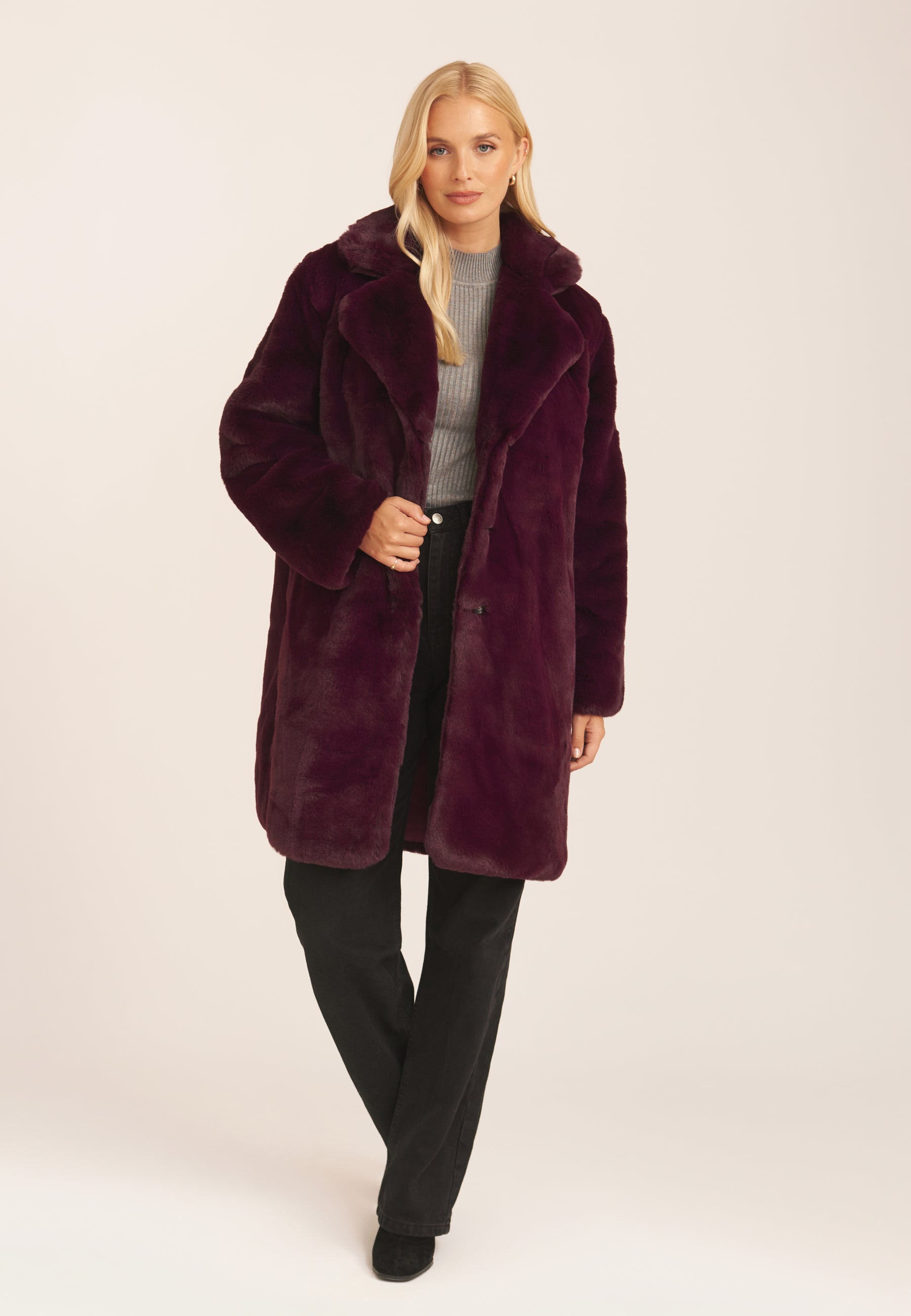 Faux Fur Lapel Collar Longline Coat