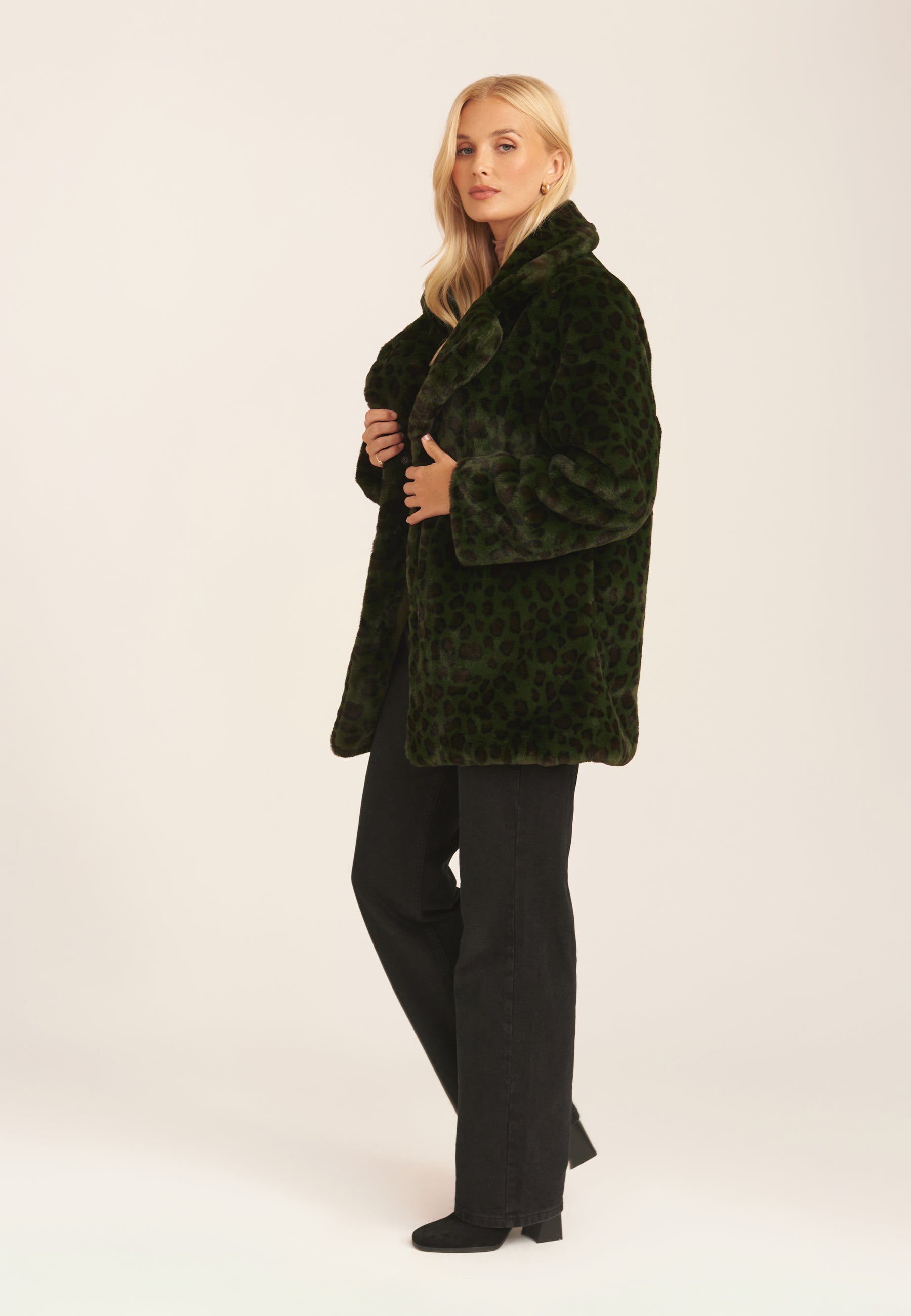 Khaki Leopard Print Faux Fur Coat Jacket